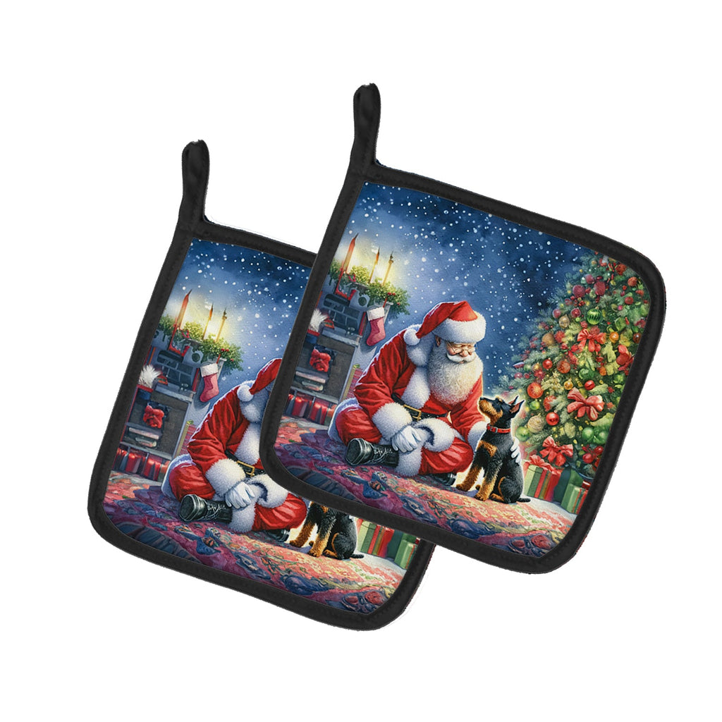 Manchester Terrier and Santa Claus Pot Holder Set of 2 Heat Resistant Quilted Hot Pads 7.5 x 7.5 Inch, Insulated Kitchen Trivets for Cooking & Baking
