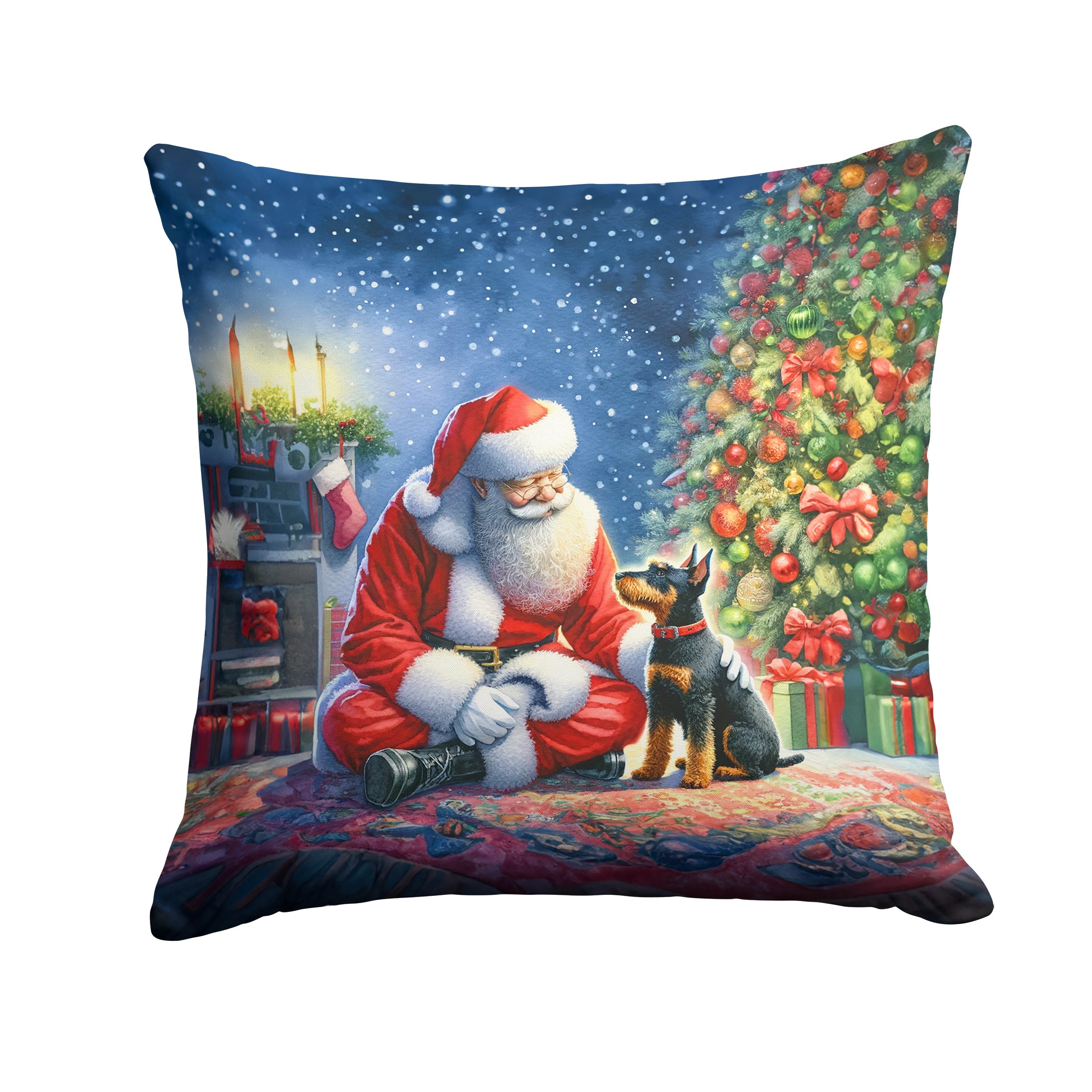 Manchester Terrier and Santa Claus Decorative Throw Pillow 14x14 Indoor Outdoor Accent Cushion, Fabric Cover with Insert for Sofa, Bed, Porch & Living Room