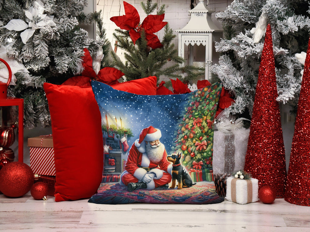 Manchester Terrier and Santa Claus Decorative Throw Pillow 14x14 Indoor Outdoor Accent Cushion, Fabric Cover with Insert for Sofa, Bed, Porch & Living Room