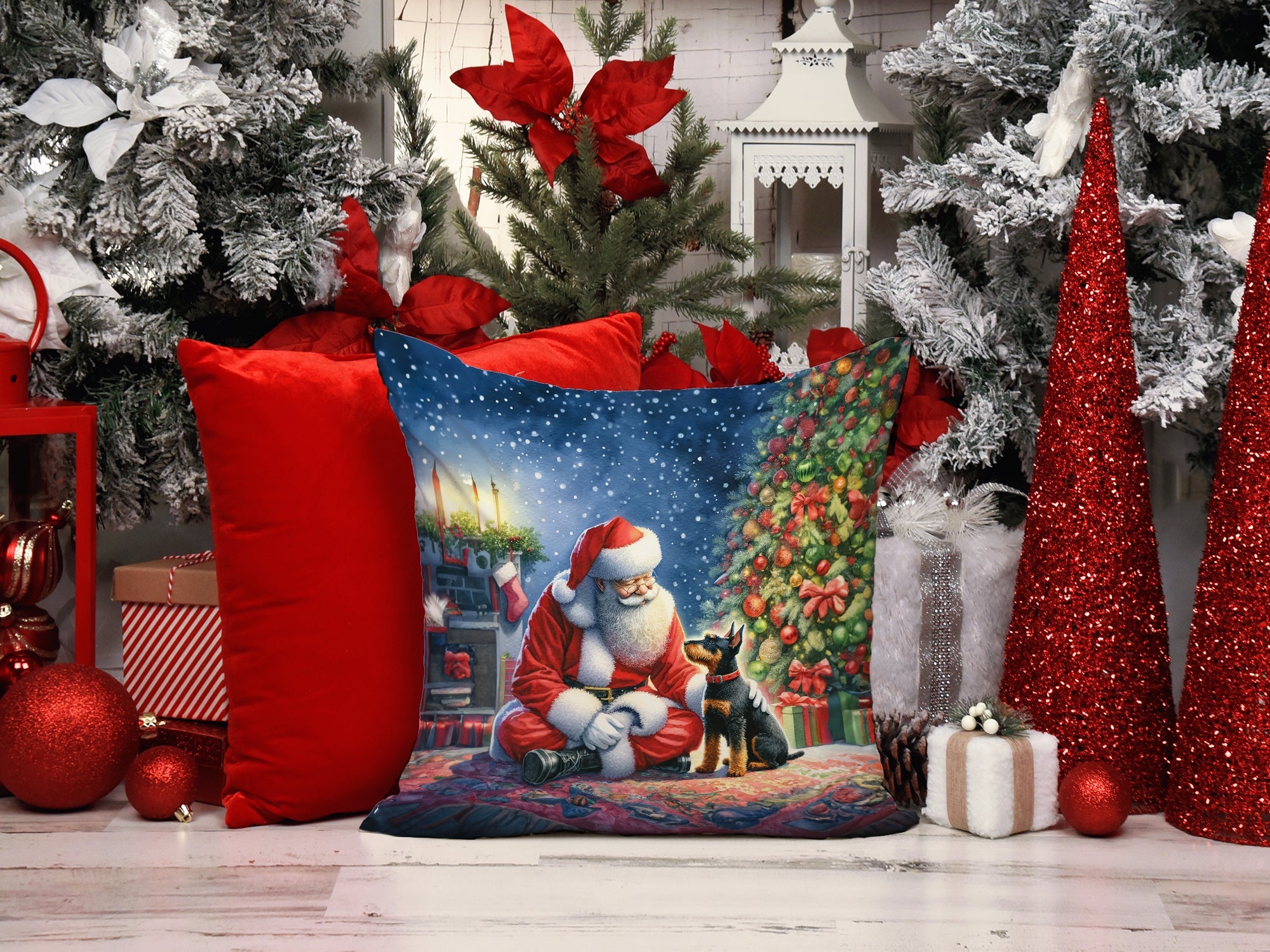 Manchester Terrier and Santa Claus Decorative Throw Pillow 14x14 Indoor Outdoor Accent Cushion, Fabric Cover with Insert for Sofa, Bed, Porch & Living Room