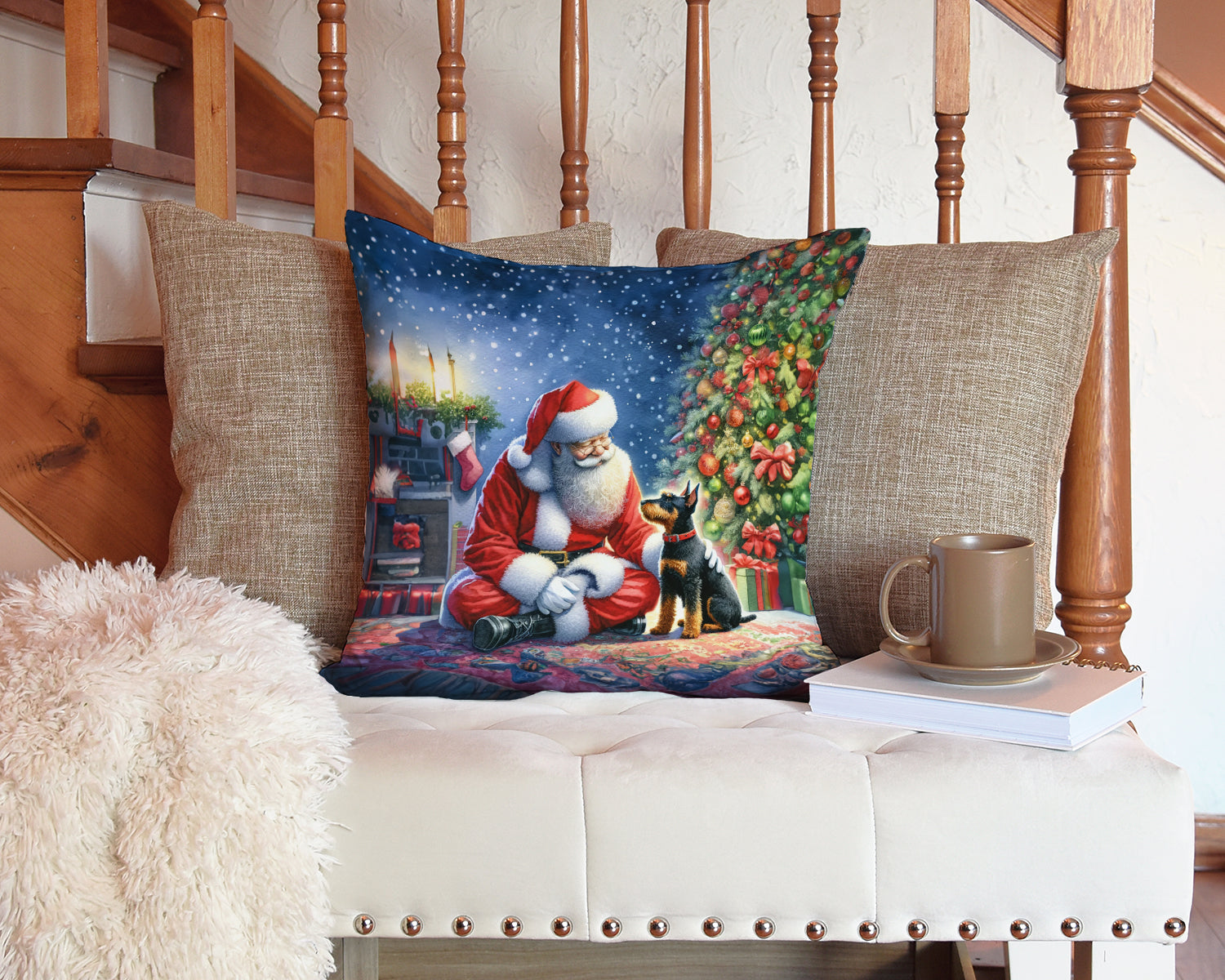 Manchester Terrier and Santa Claus Decorative Throw Pillow 14x14 Indoor Outdoor Accent Cushion, Fabric Cover with Insert for Sofa, Bed, Porch & Living Room