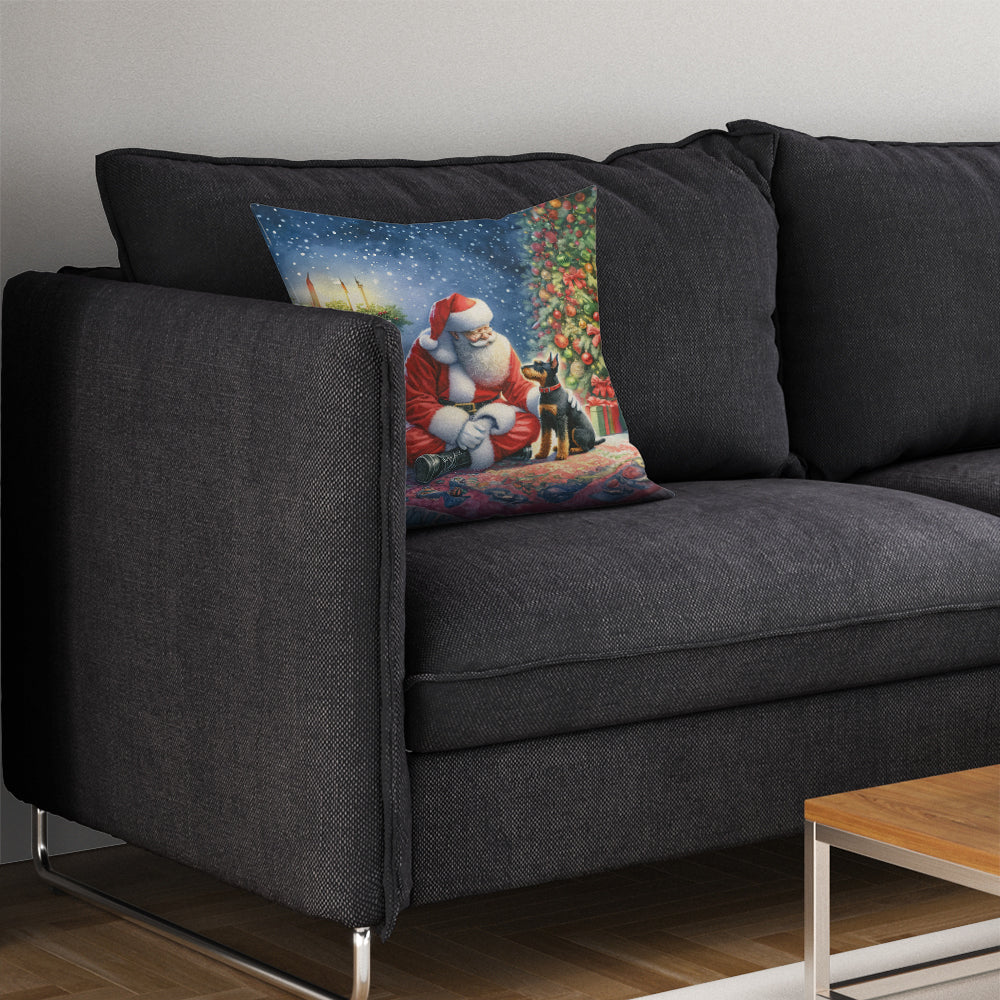 Manchester Terrier and Santa Claus Decorative Throw Pillow 14x14 Indoor Outdoor Accent Cushion, Fabric Cover with Insert for Sofa, Bed, Porch & Living Room