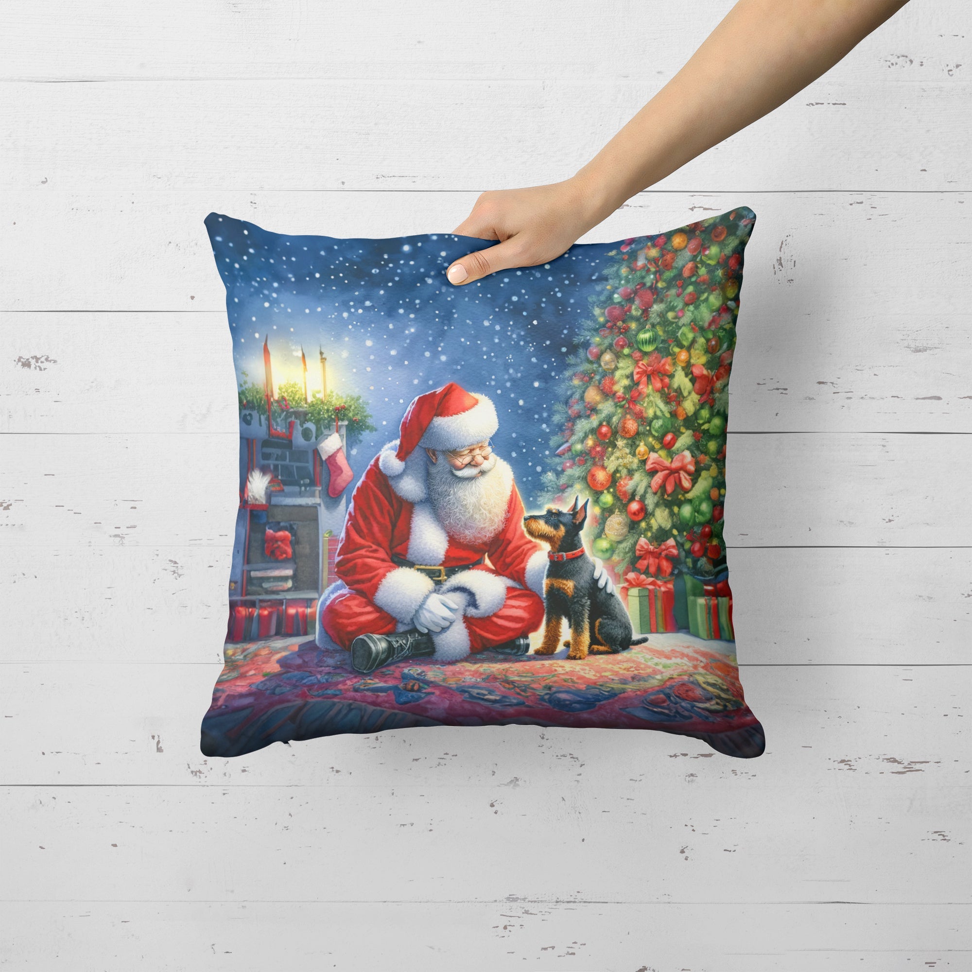 Manchester Terrier and Santa Claus Decorative Throw Pillow 18x18 Indoor Outdoor Accent Cushion, Fabric Cover with Insert for Sofa, Bed, Porch & Living Room