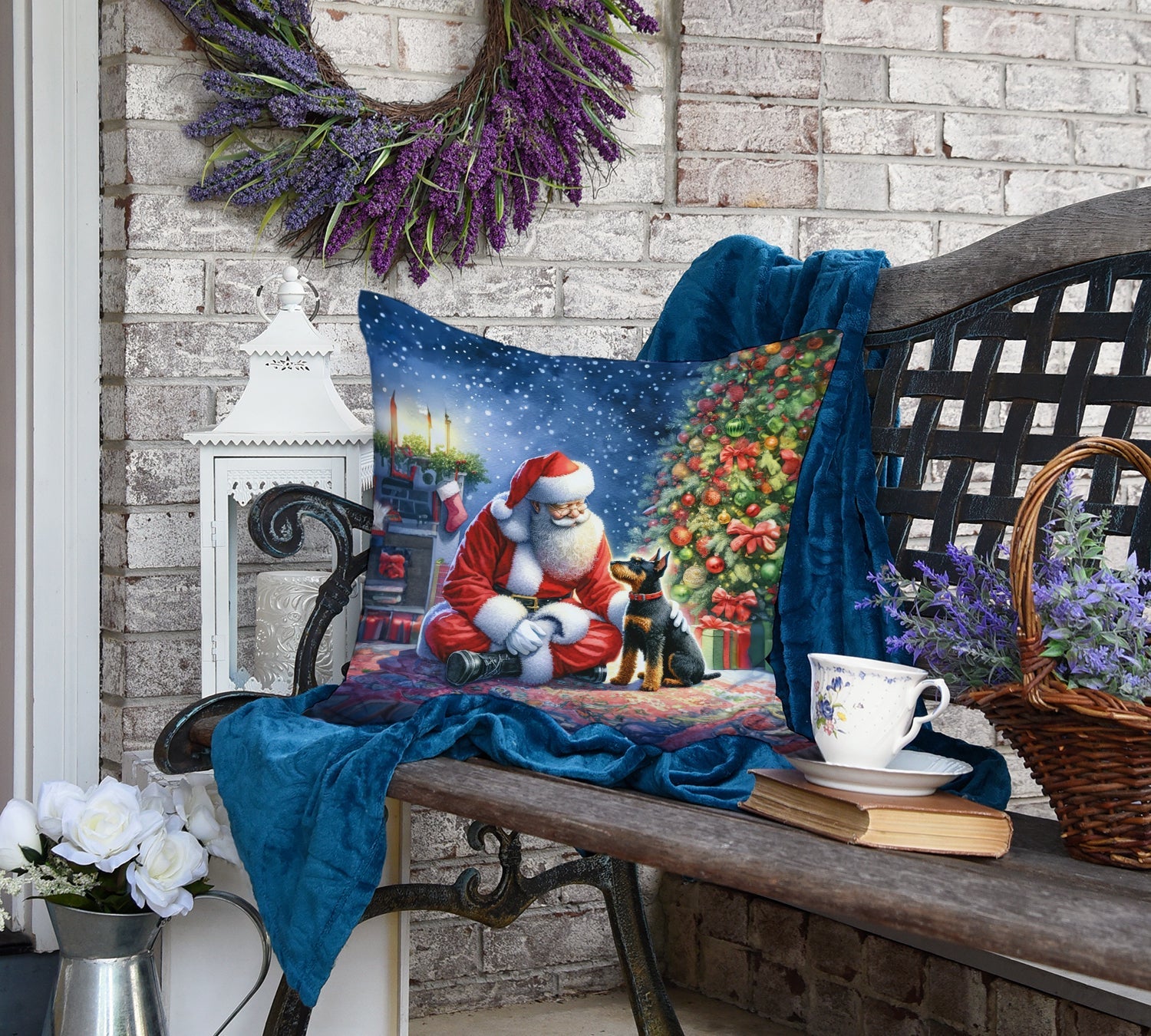 Manchester Terrier and Santa Claus Decorative Throw Pillow 18x18 Indoor Outdoor Accent Cushion, Fabric Cover with Insert for Sofa, Bed, Porch & Living Room