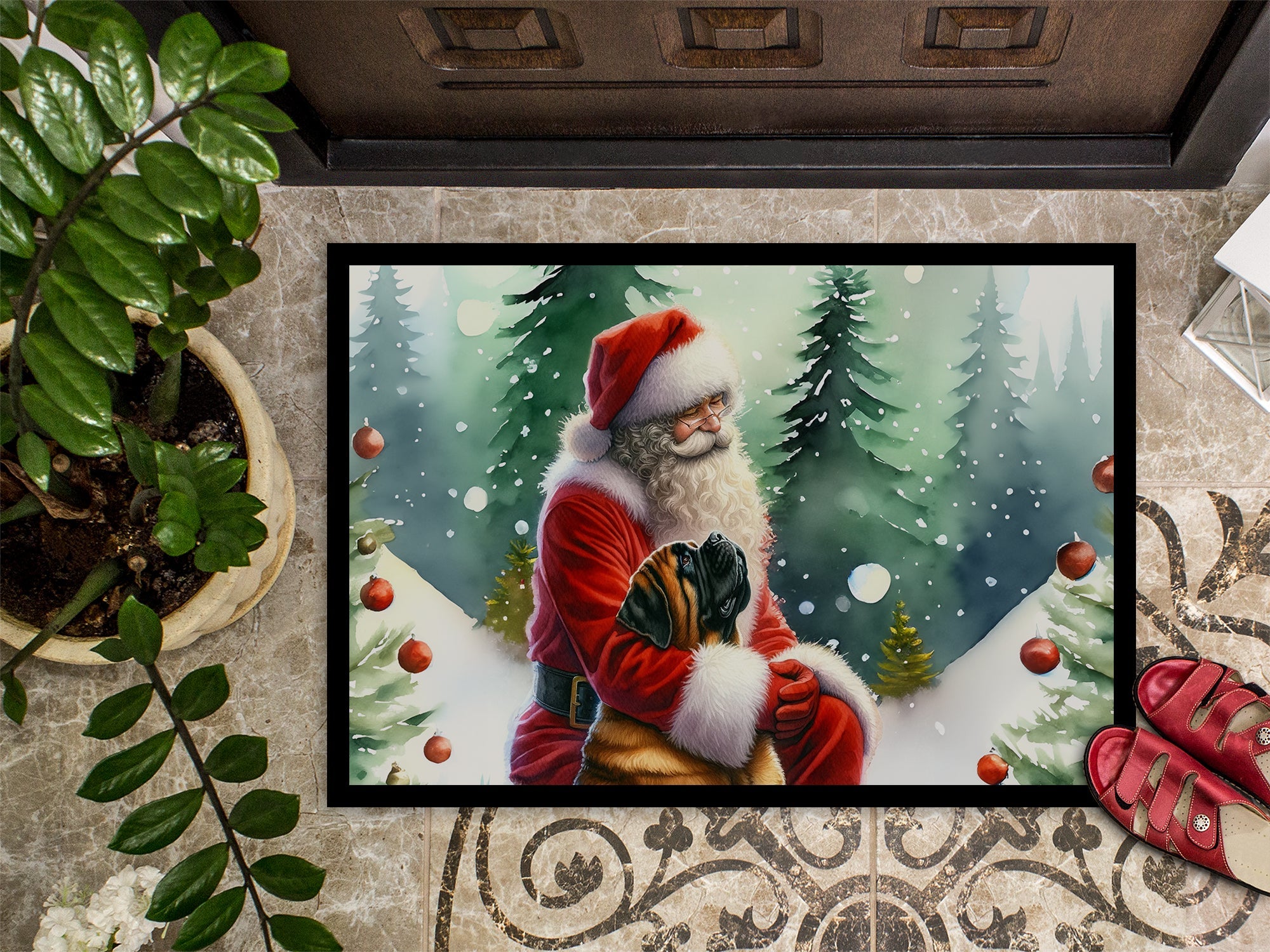 Mastiff and Santa Claus Doormat Indoor Outdoor 18H X 27W Front Door Mat Rugs for Entryway, Non Slip Washable