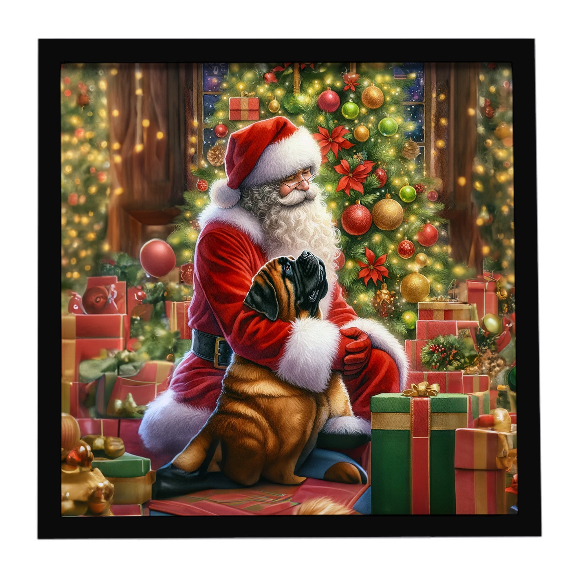Mastiff and Santa Claus Framed Metal Print Bathroom, Kitchen, Office, Home Decor Wall Art Ready to Hang, Square, 8X8