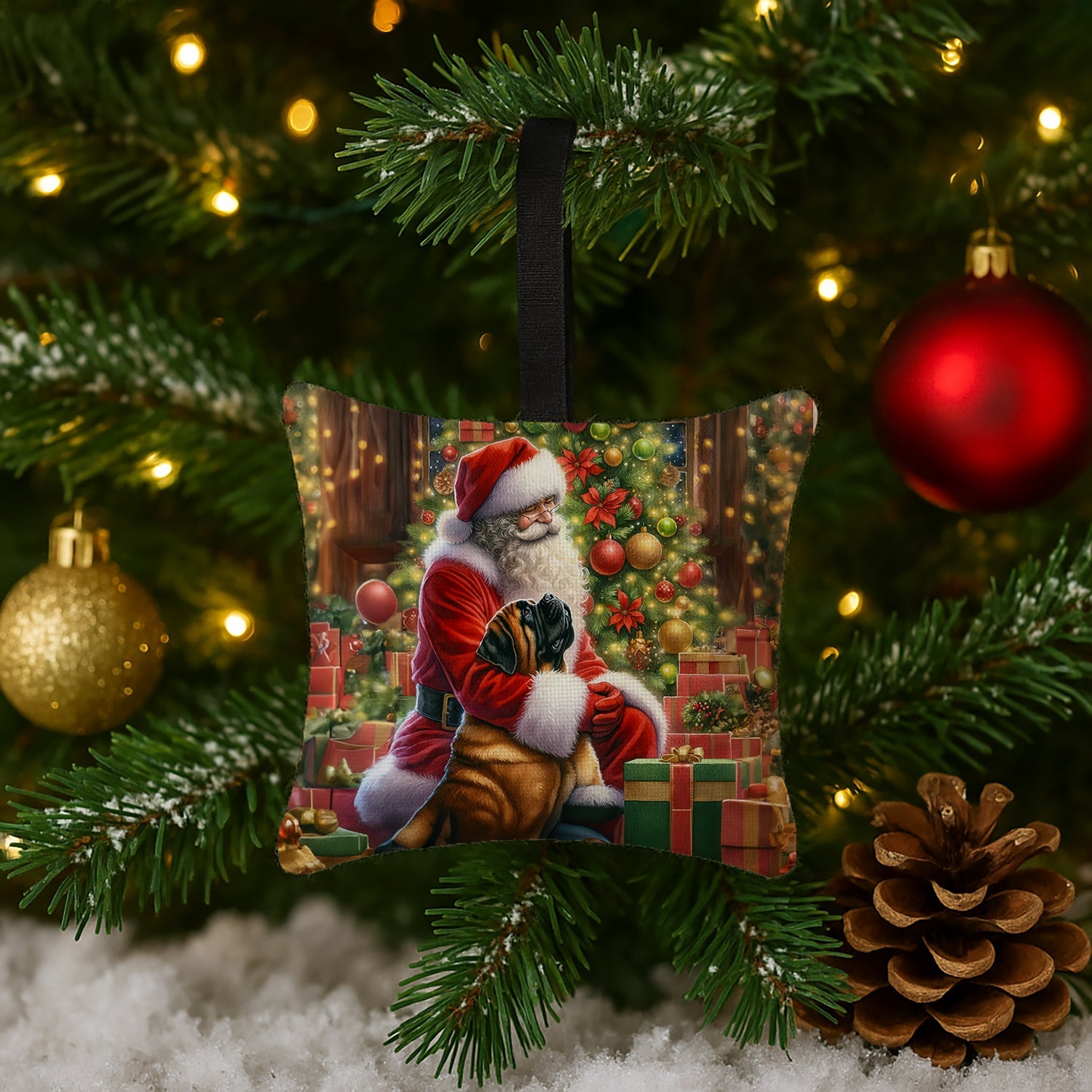 Mastiff and Santa Claus Hanging Square Fabric Ornament 3.5 × 3.5 Decorative Door-Knob & Tree Hanger, Soft Fabric