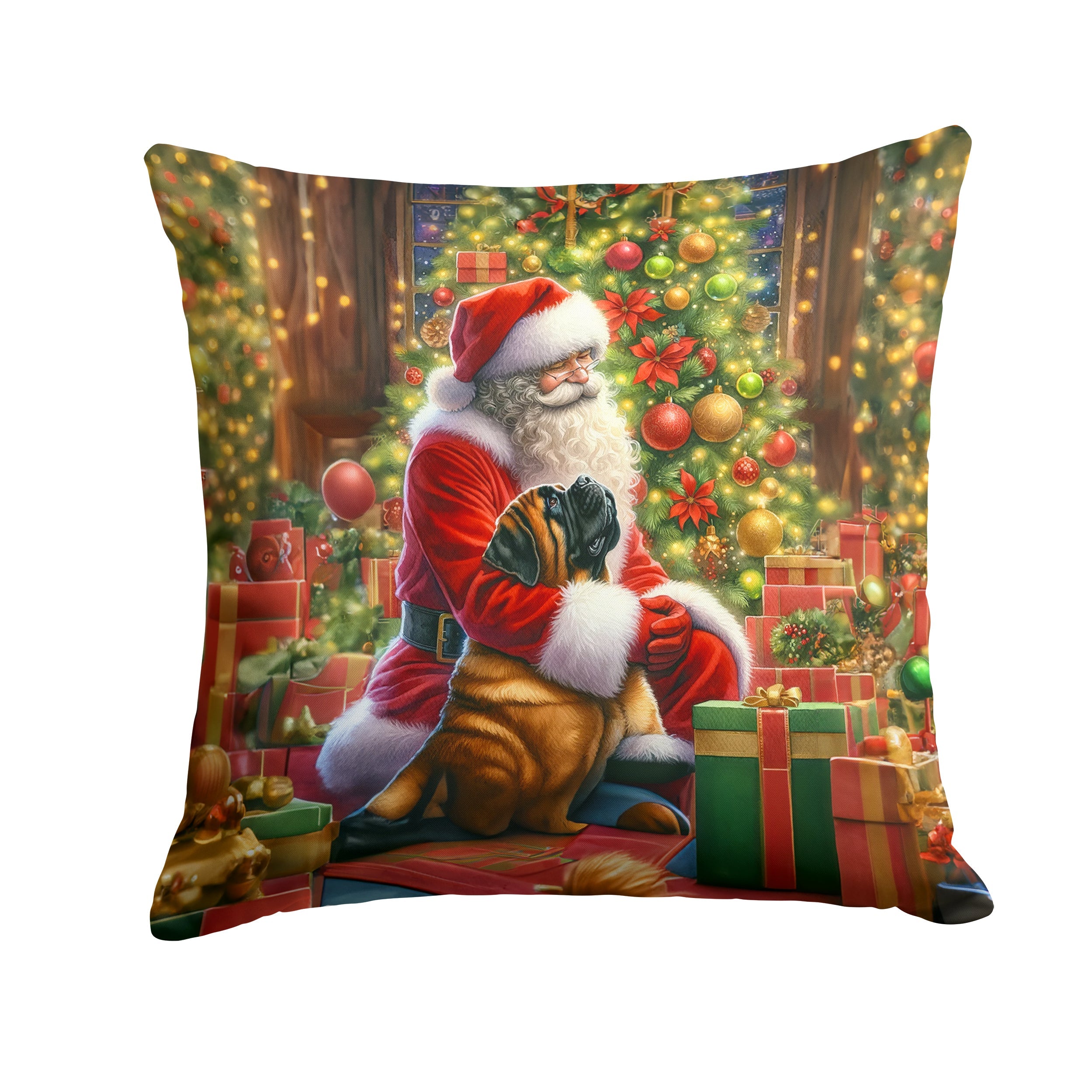 Mastiff and Santa Claus Decorative Throw Pillow 14x14 Indoor Outdoor Accent Cushion, Fabric Cover with Insert for Sofa, Bed, Porch & Living Room