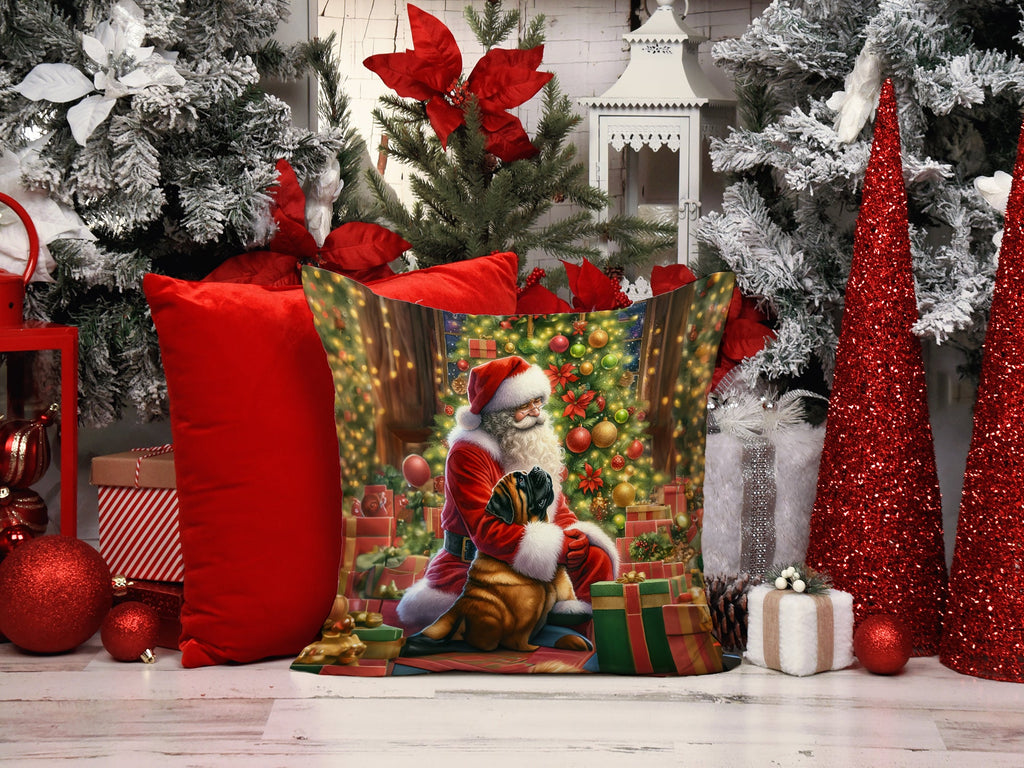 Mastiff and Santa Claus Decorative Throw Pillow 14x14 Indoor Outdoor Accent Cushion, Fabric Cover with Insert for Sofa, Bed, Porch & Living Room