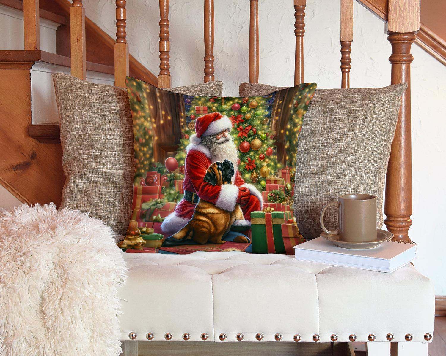 Mastiff and Santa Claus Decorative Throw Pillow 14x14 Indoor Outdoor Accent Cushion, Fabric Cover with Insert for Sofa, Bed, Porch & Living Room