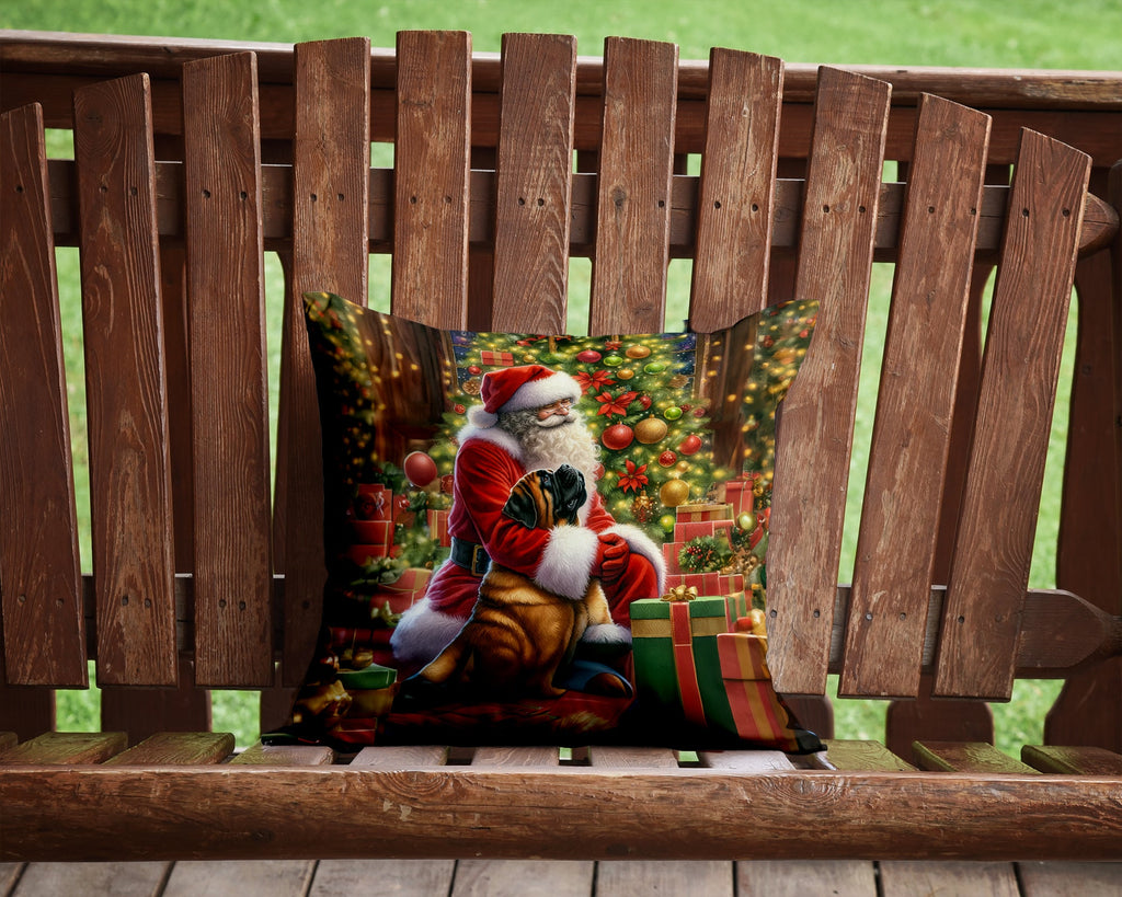 Mastiff and Santa Claus Decorative Throw Pillow 14x14 Indoor Outdoor Accent Cushion, Fabric Cover with Insert for Sofa, Bed, Porch & Living Room