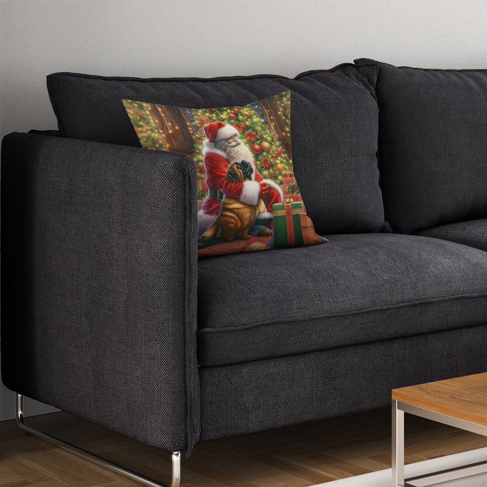 Mastiff and Santa Claus Decorative Throw Pillow 14x14 Indoor Outdoor Accent Cushion, Fabric Cover with Insert for Sofa, Bed, Porch & Living Room