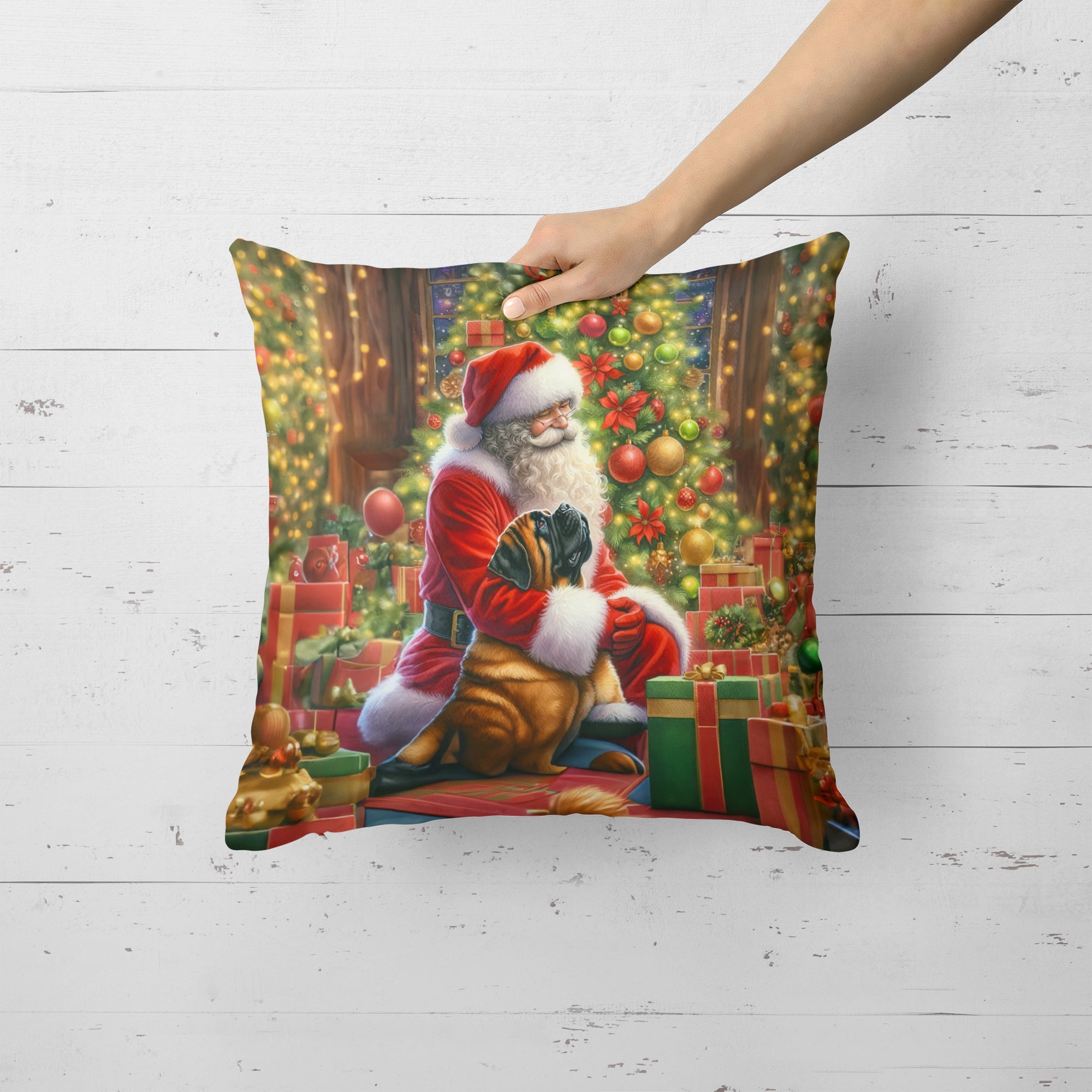 Mastiff and Santa Claus Decorative Throw Pillow 18x18 Indoor Outdoor Accent Cushion, Fabric Cover with Insert for Sofa, Bed, Porch & Living Room