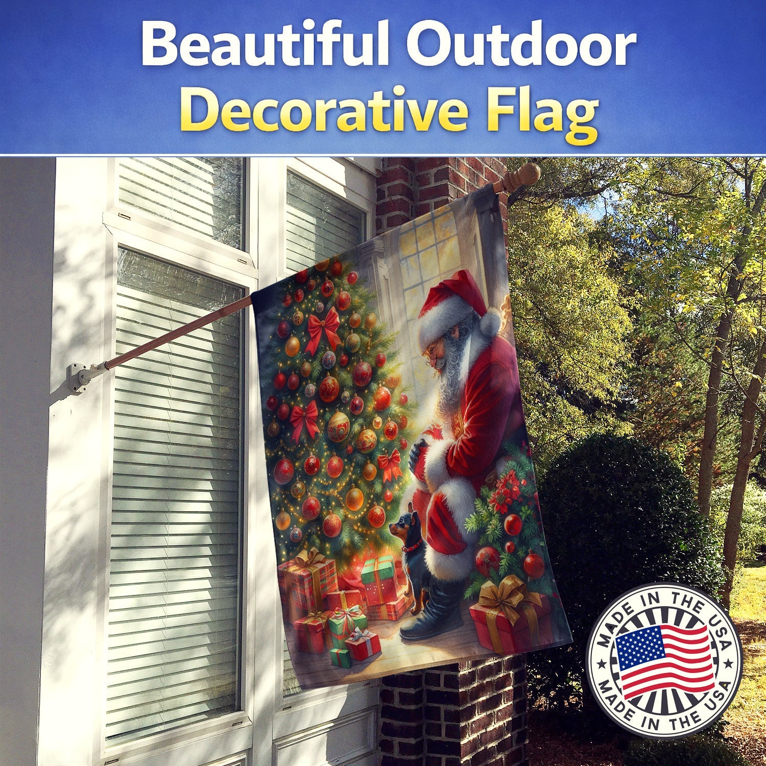 Miniature Pinscher and Santa Claus House Flag 28x40 Porch Sleeve Pole Decorative Outside Yard Banner Artwork Wall Hanging, Polyester