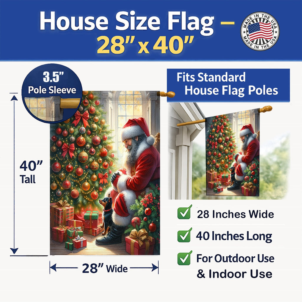 Miniature Pinscher and Santa Claus House Flag 28x40 Porch Sleeve Pole Decorative Outside Yard Banner Artwork Wall Hanging, Polyester