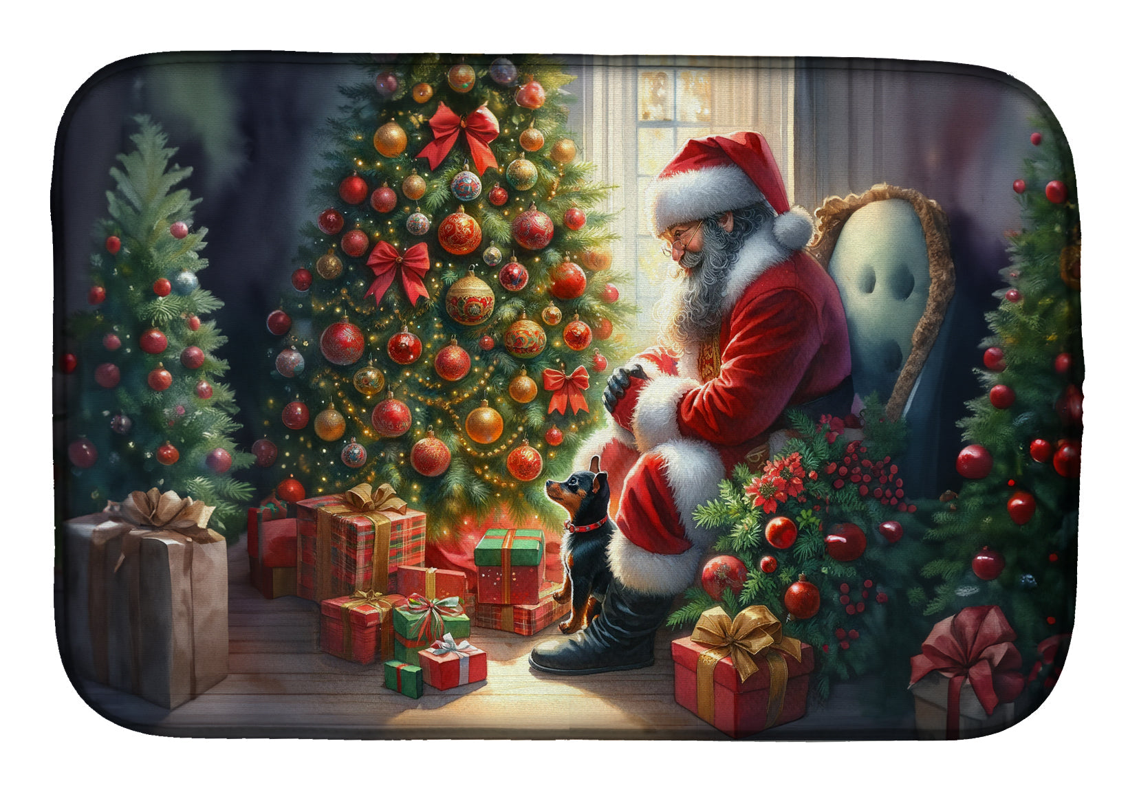 Miniature Pinscher and Santa Claus Dish Drying Mat Absorbent Dish Drying Mat Pad for Kitchen Counter Dish Drainer Mat for Countertop, 14 x 21", Multicolor