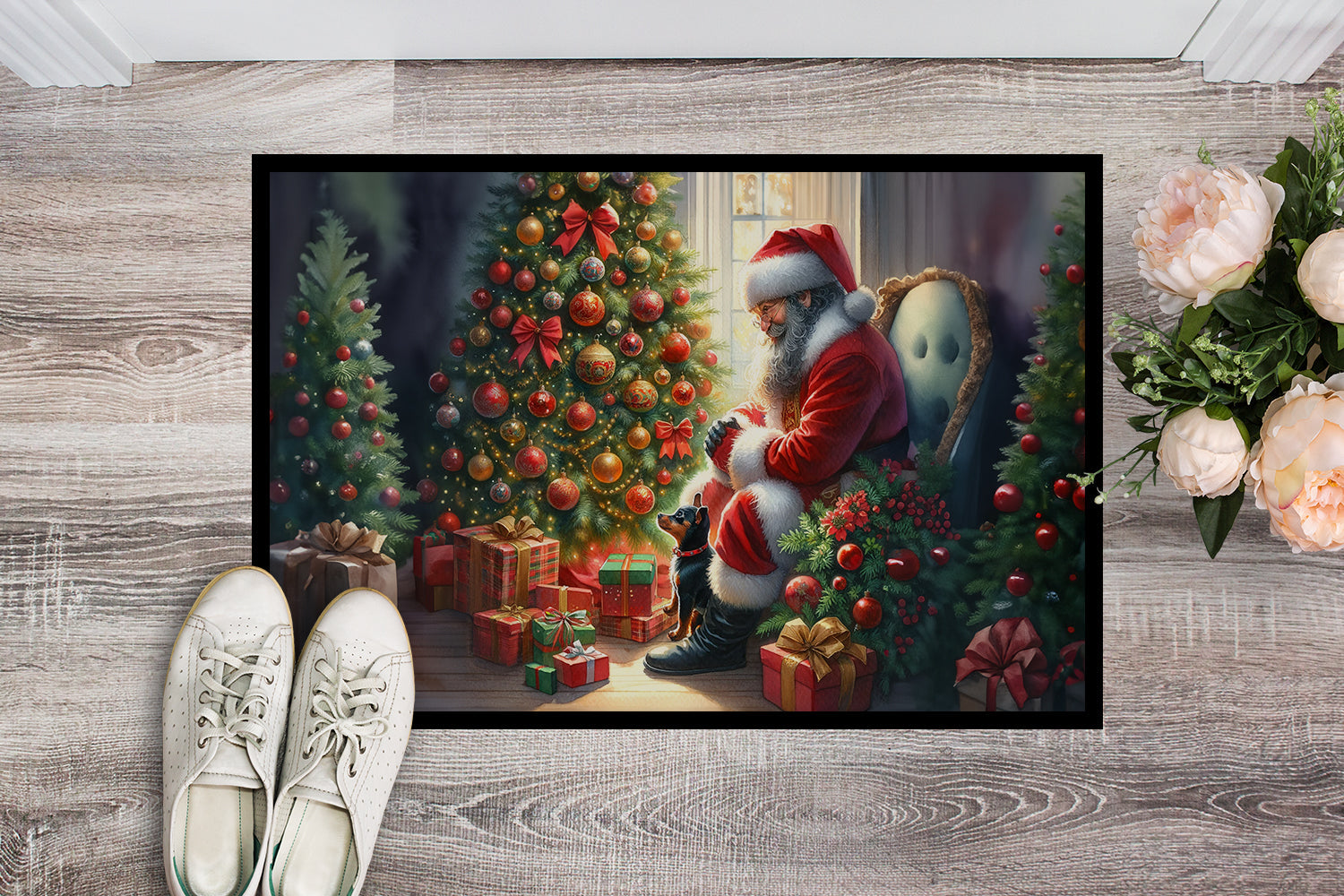 Miniature Pinscher and Santa Claus Doormat Indoor Outdoor 24H X 36W Front Door Mat Rugs for Entryway, Non Slip Washable Low Pile,