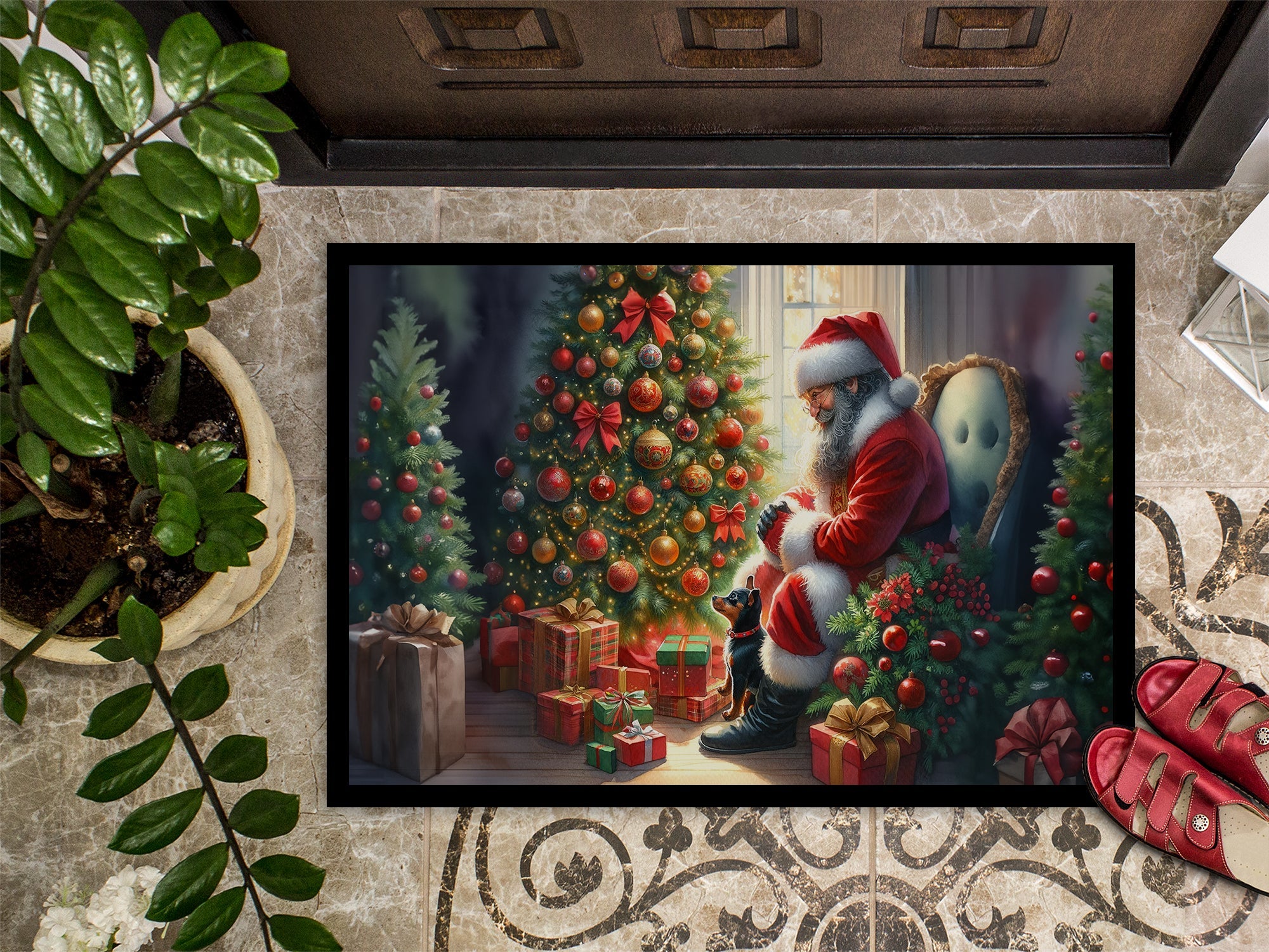 Miniature Pinscher and Santa Claus Doormat Indoor Outdoor 24H X 36W Front Door Mat Rugs for Entryway, Non Slip Washable Low Pile,