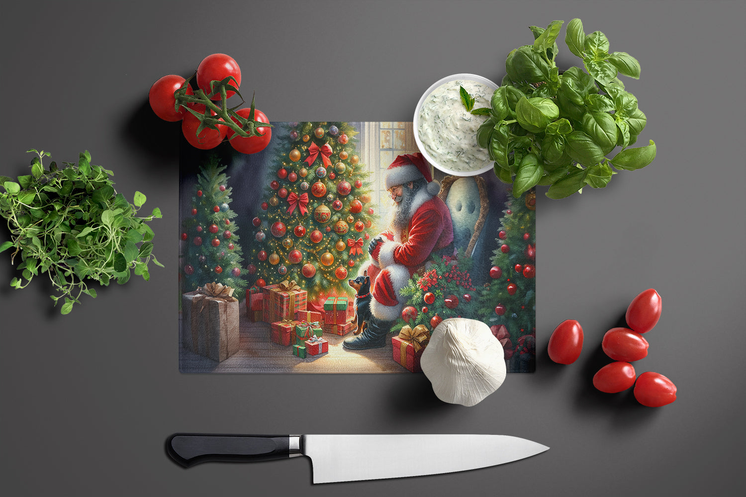 Miniature Pinscher and Santa Claus Cutting Board Tempered Glass Kitchen Cutting Surface, Heat Resistant Chopping, Non-Slip Feet, Food Prep & Serving