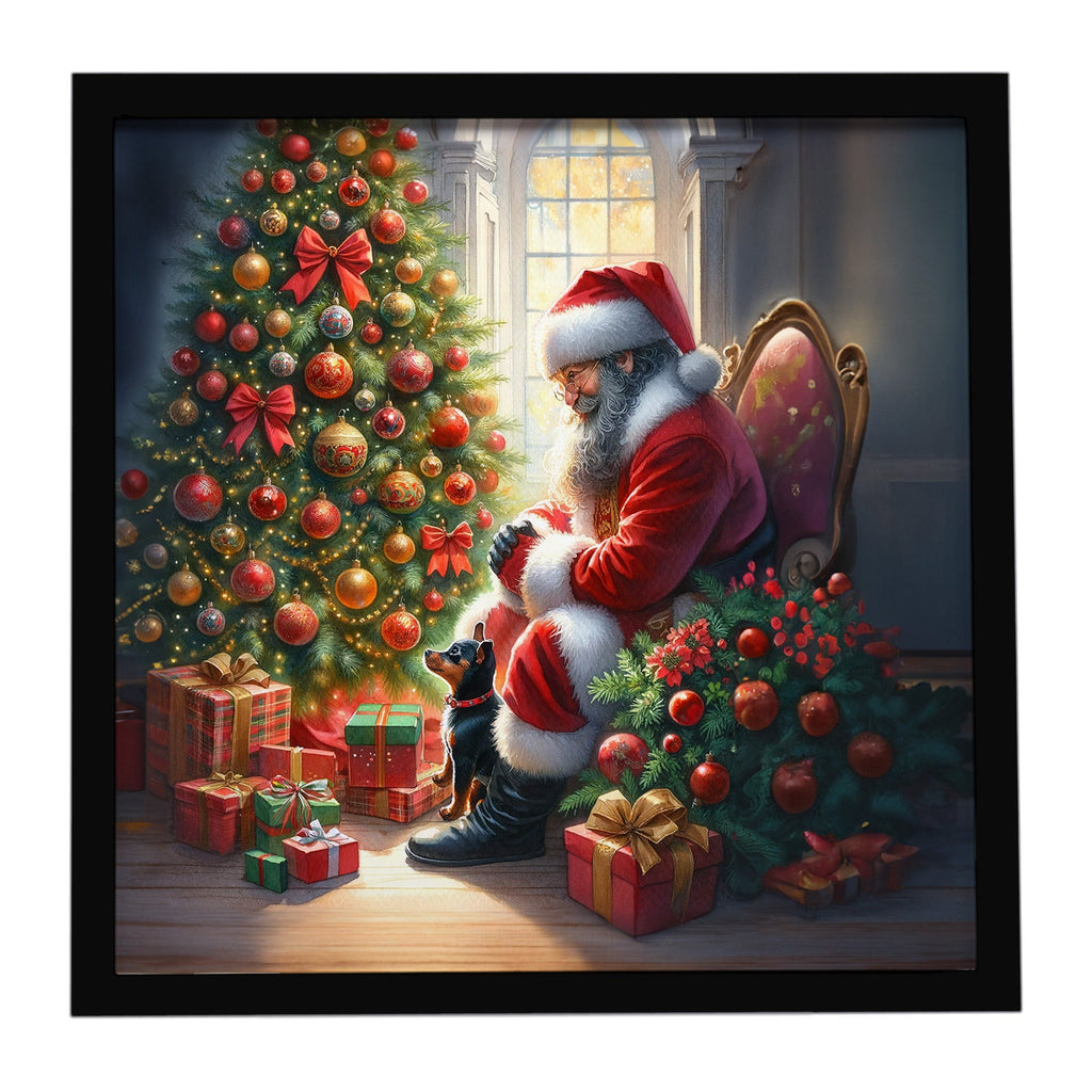Miniature Pinscher and Santa Claus Framed Metal Print Bathroom, Kitchen, Office, Home Decor Wall Art Ready to Hang, Square, 8X8