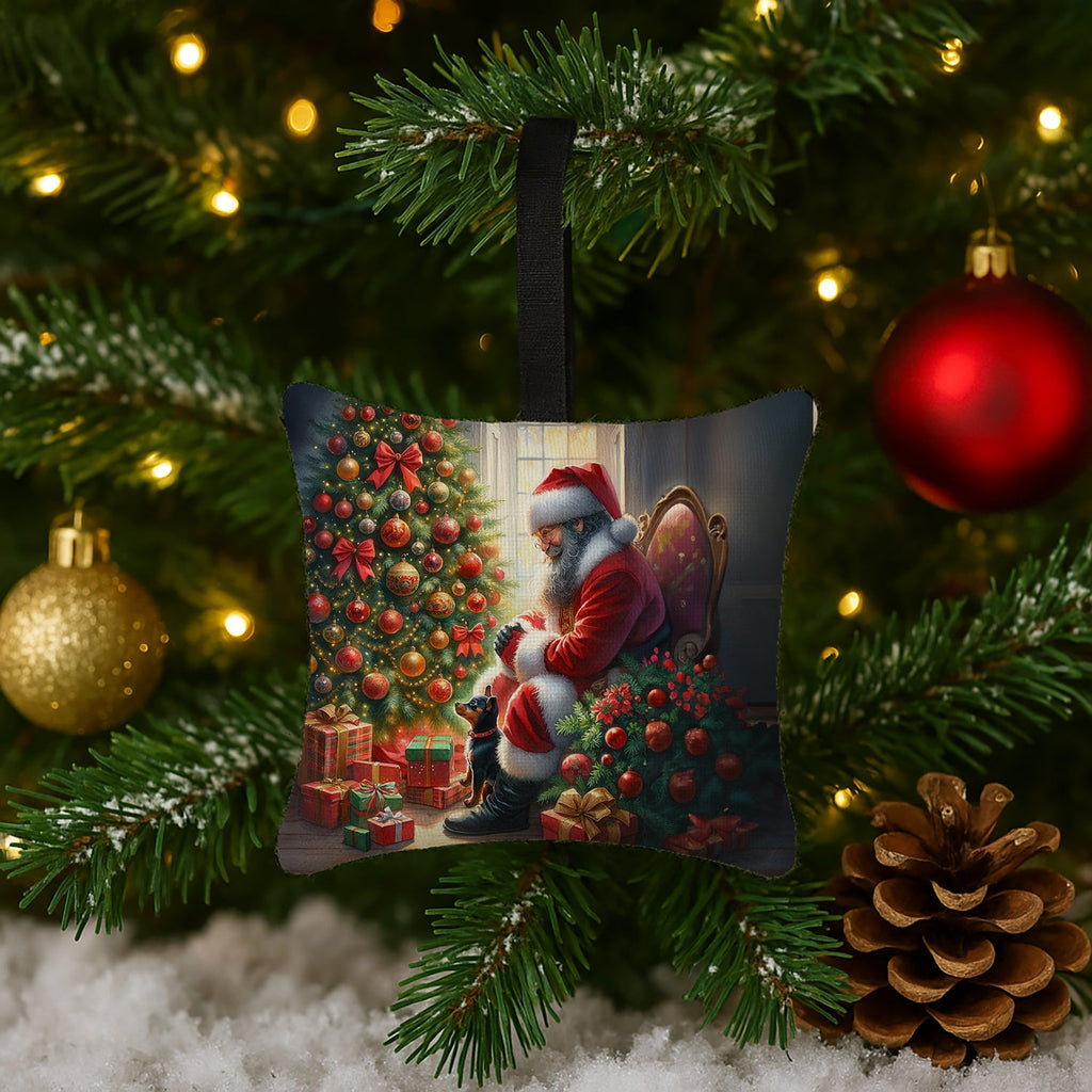 Miniature Pinscher and Santa Claus Hanging Square Fabric Ornament 3.5 × 3.5 Decorative Door-Knob & Tree Hanger, Soft Fabric