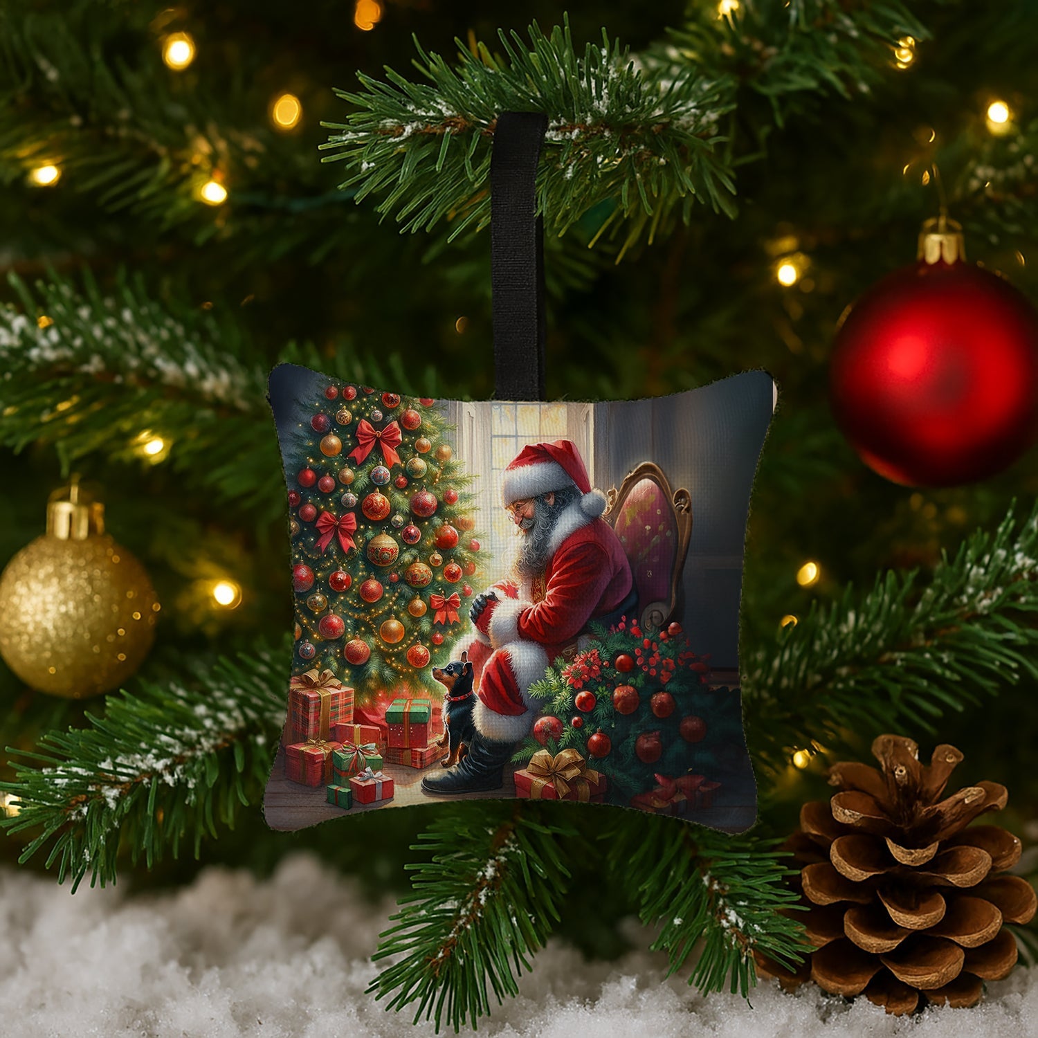 Miniature Pinscher and Santa Claus Hanging Square Fabric Ornament 3.5 × 3.5 Decorative Door-Knob & Tree Hanger, Soft Fabric