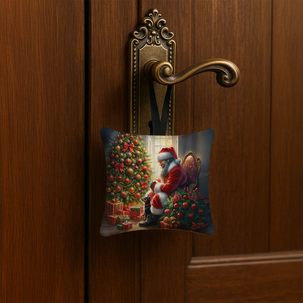 Miniature Pinscher and Santa Claus Hanging Square Fabric Ornament 3.5 × 3.5 Decorative Door-Knob & Tree Hanger, Soft Fabric