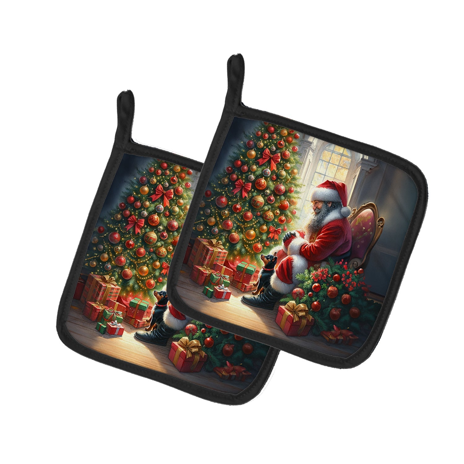 Miniature Pinscher and Santa Claus Pot Holder Set of 2 Heat Resistant Quilted Hot Pads 7.5 x 7.5 Inch, Insulated Kitchen Trivets for Cooking & Baking