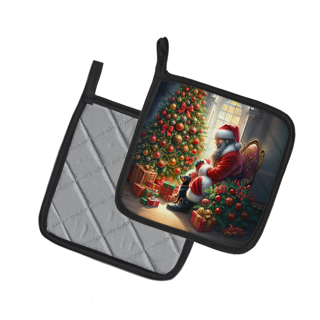 Miniature Pinscher and Santa Claus Pot Holder Set of 2 Heat Resistant Quilted Hot Pads 7.5 x 7.5 Inch, Insulated Kitchen Trivets for Cooking & Baking