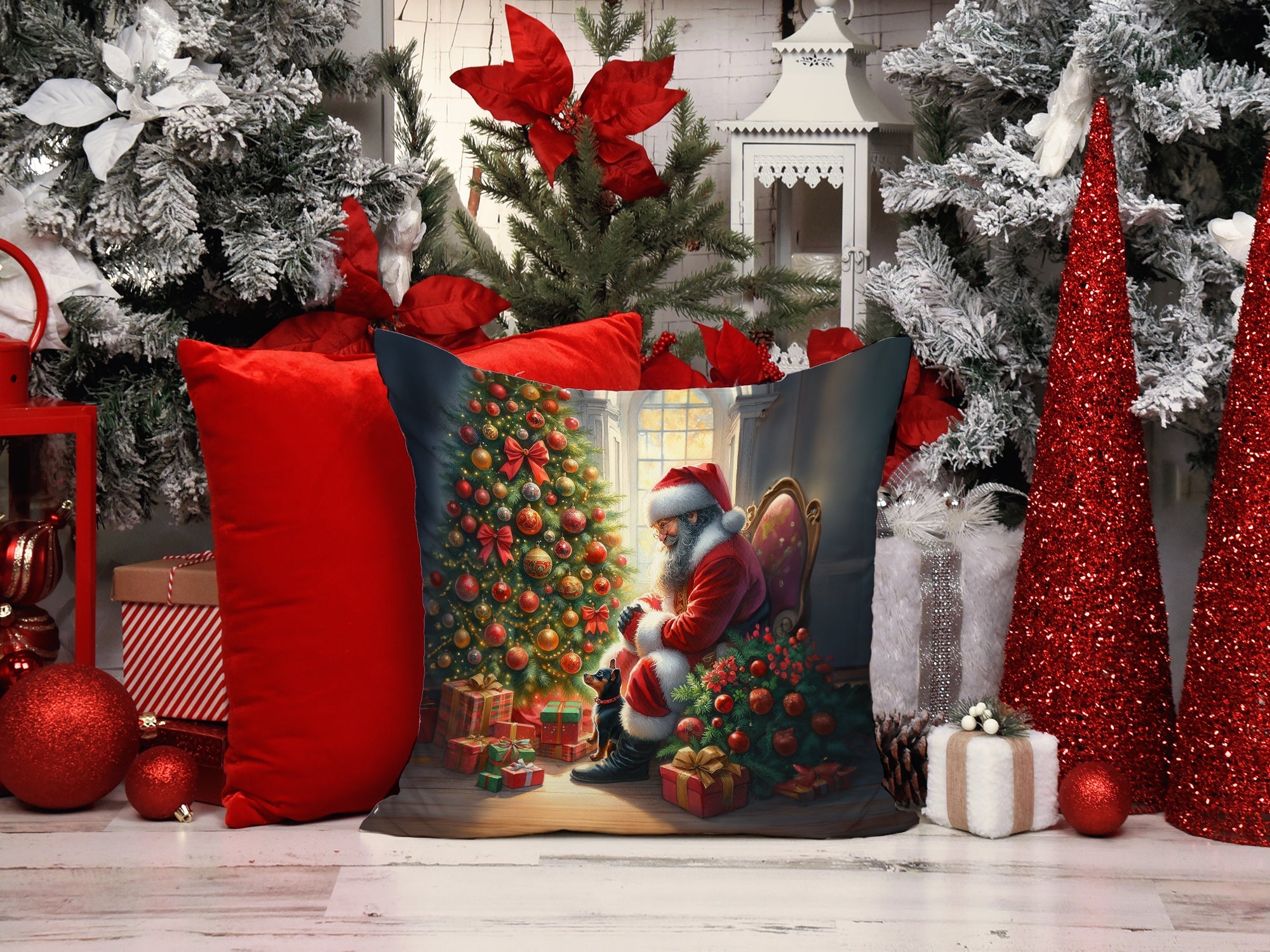 Miniature Pinscher and Santa Claus Decorative Throw Pillow 14x14 Indoor Outdoor Accent Cushion, Fabric Cover with Insert for Sofa, Bed, Porch & Living Room