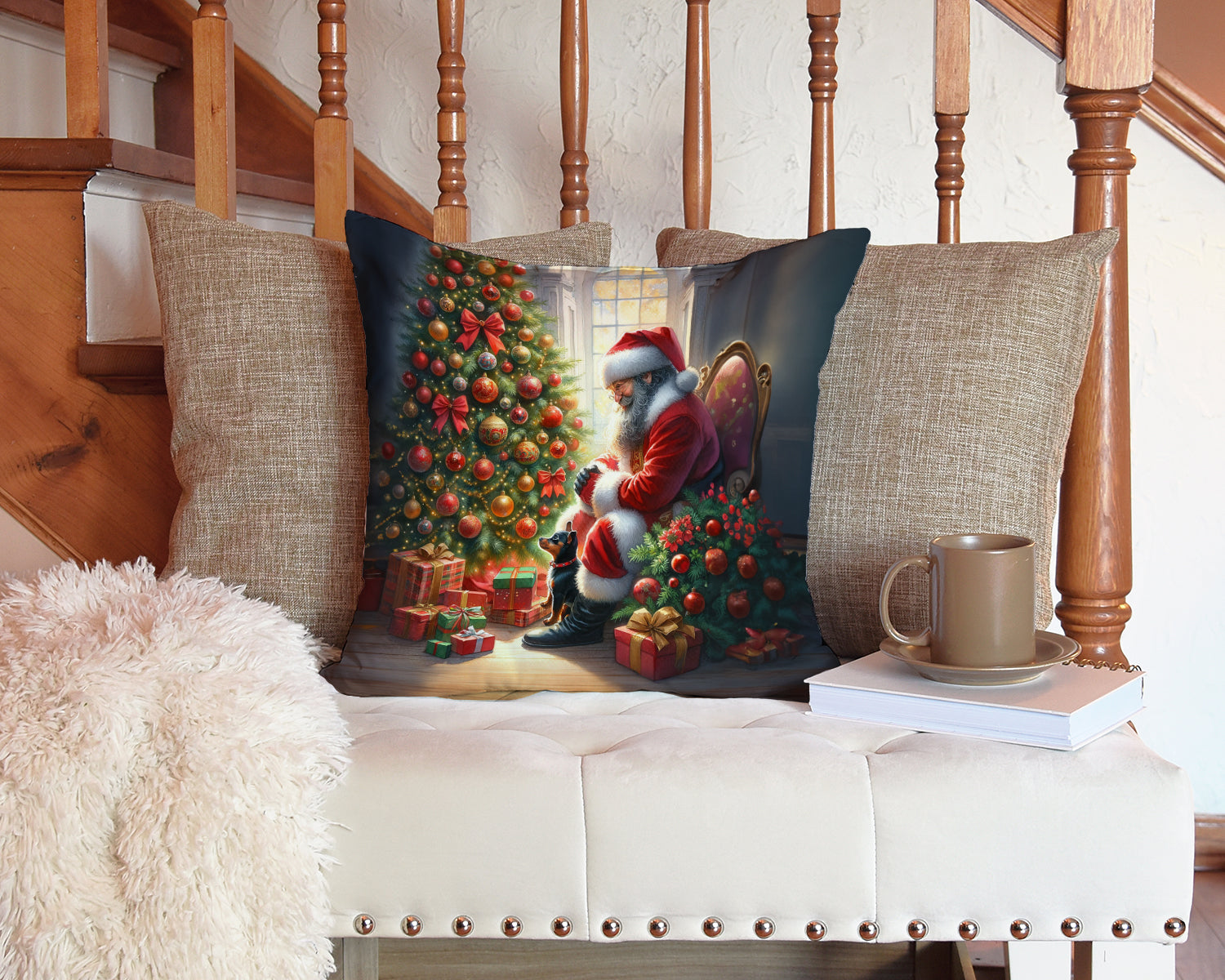 Miniature Pinscher and Santa Claus Decorative Throw Pillow 14x14 Indoor Outdoor Accent Cushion, Fabric Cover with Insert for Sofa, Bed, Porch & Living Room