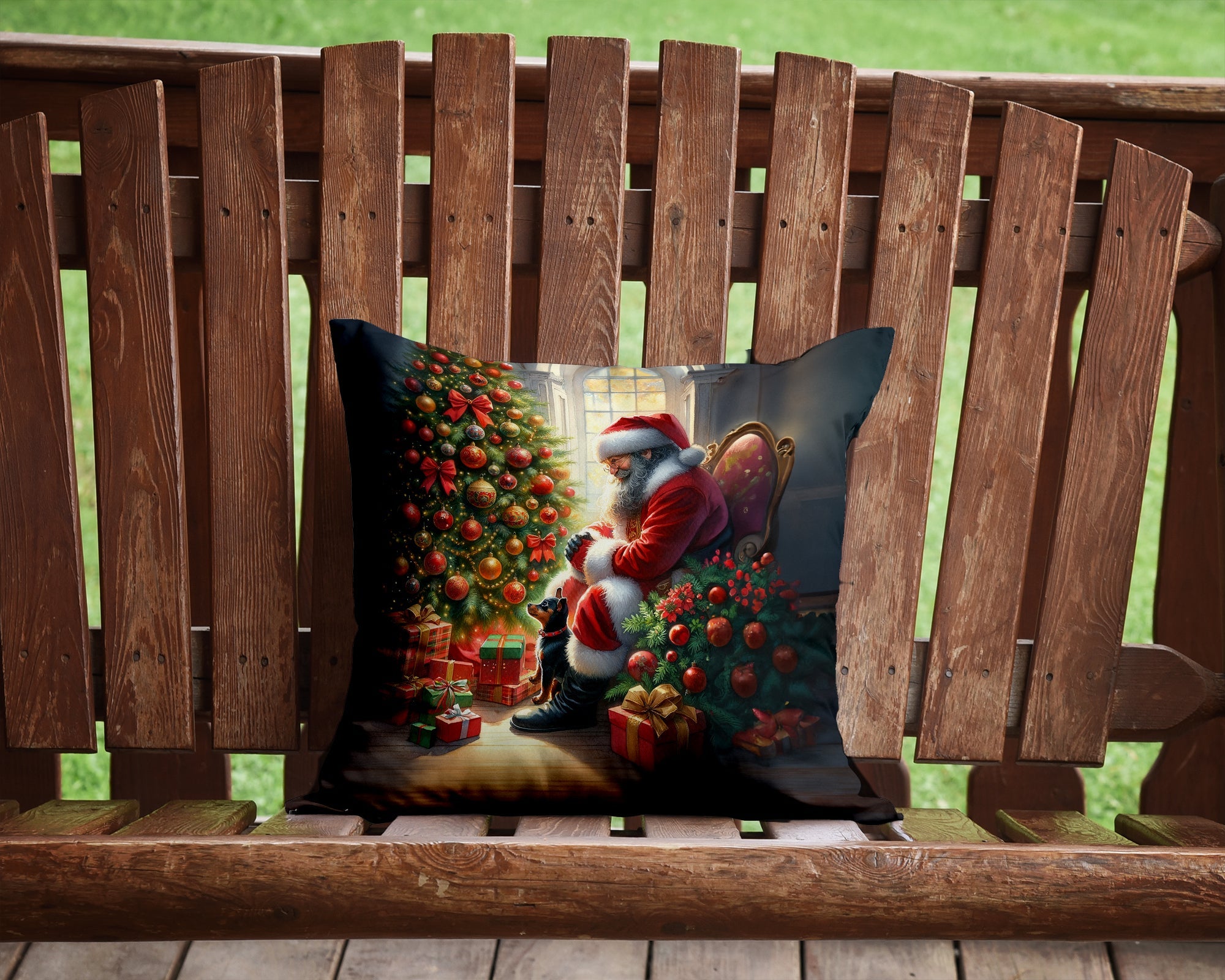 Miniature Pinscher and Santa Claus Decorative Throw Pillow 14x14 Indoor Outdoor Accent Cushion, Fabric Cover with Insert for Sofa, Bed, Porch & Living Room