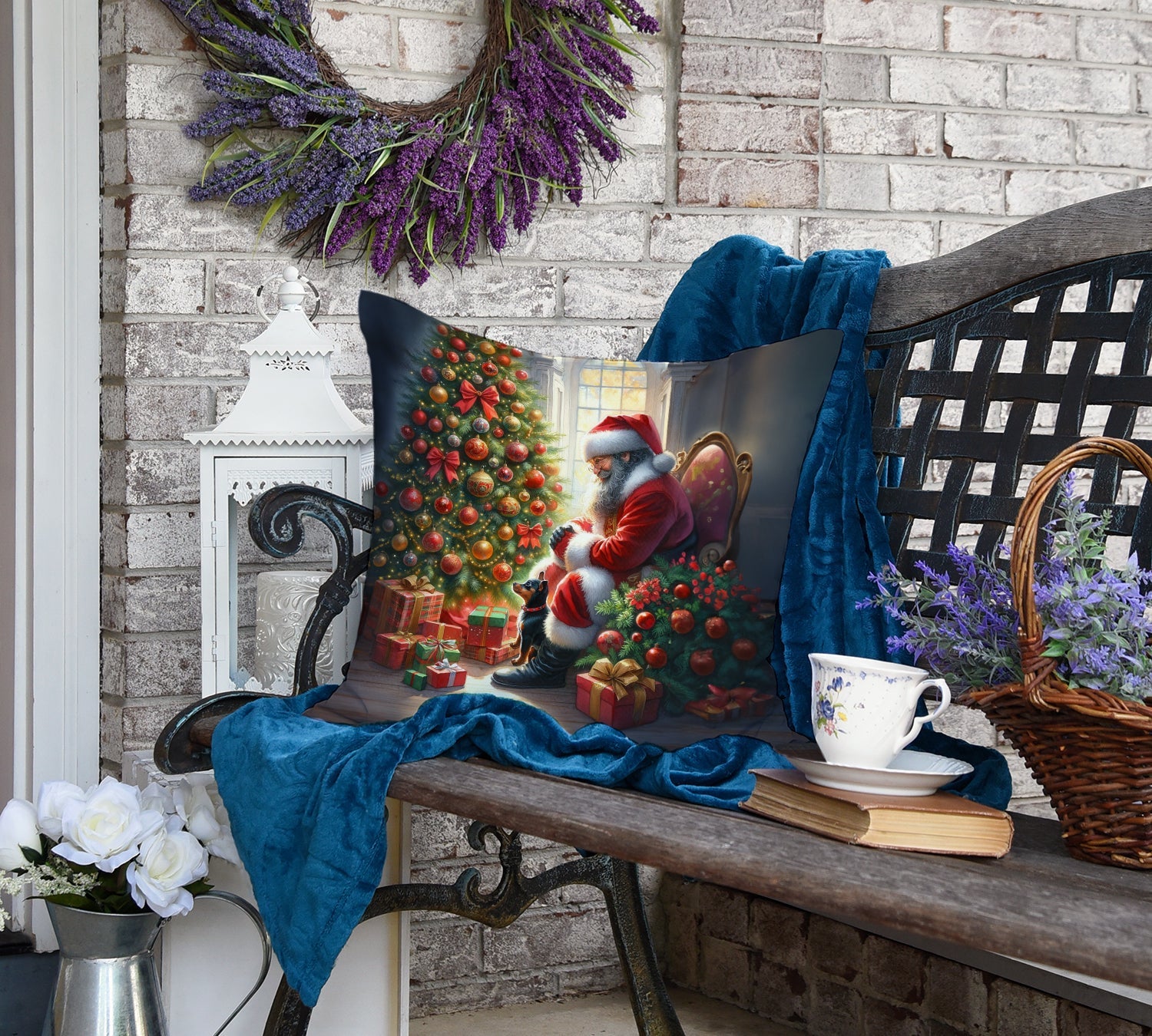 Miniature Pinscher and Santa Claus Decorative Throw Pillow 18x18 Indoor Outdoor Accent Cushion, Fabric Cover with Insert for Sofa, Bed, Porch & Living Room