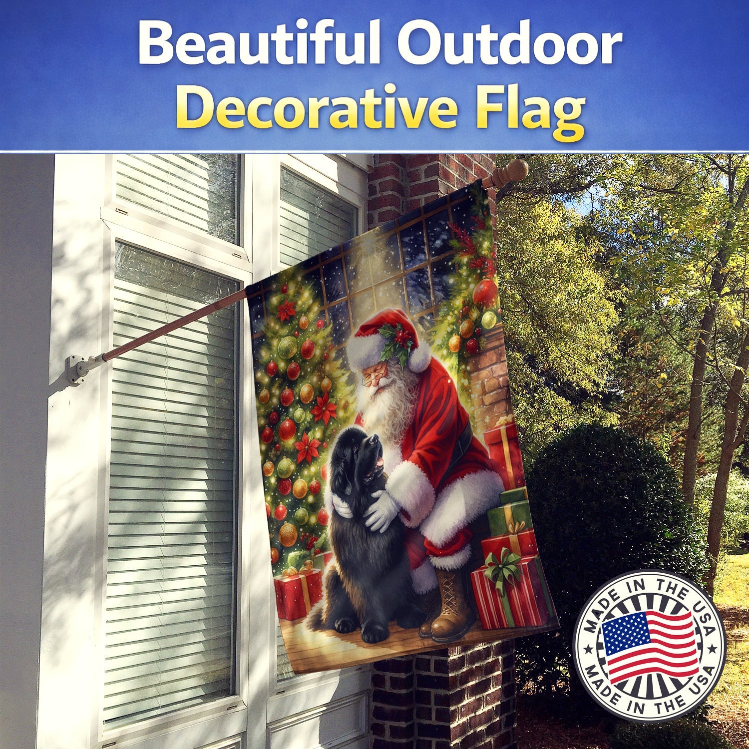 Newfoundland and Santa Claus House Flag 28x40 Porch Sleeve Pole Decorative Outside Yard Banner Artwork Wall Hanging, Polyester