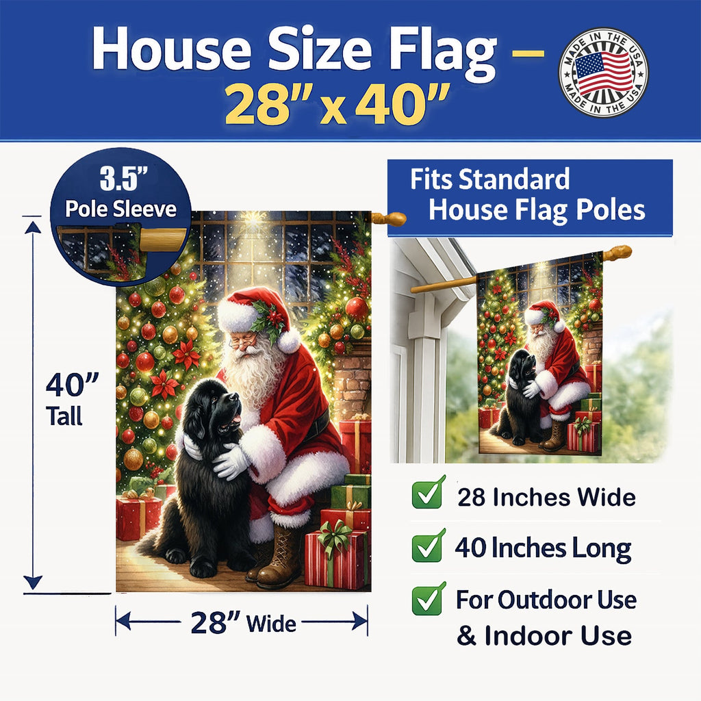 Newfoundland and Santa Claus House Flag 28x40 Porch Sleeve Pole Decorative Outside Yard Banner Artwork Wall Hanging, Polyester