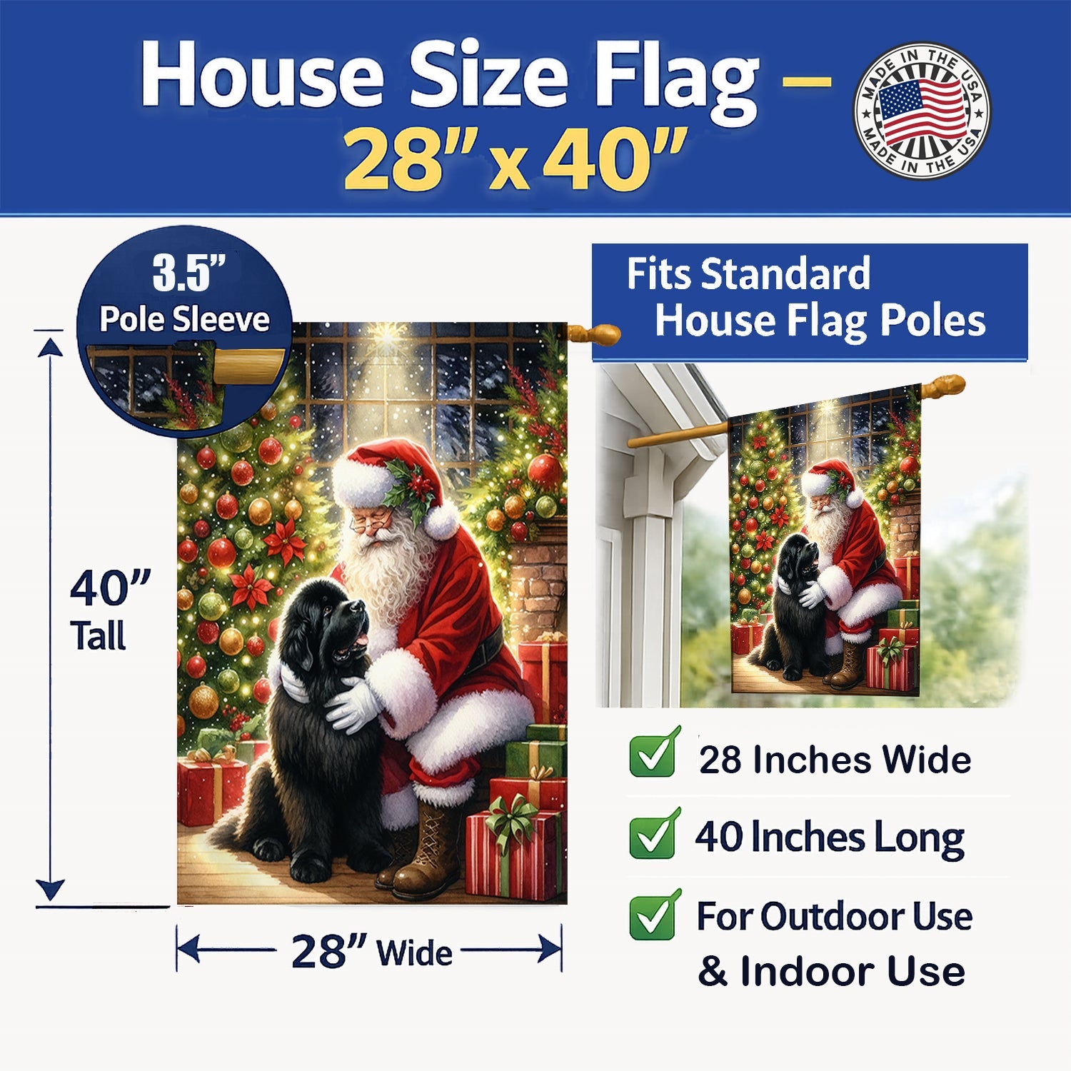 Newfoundland and Santa Claus House Flag 28x40 Porch Sleeve Pole Decorative Outside Yard Banner Artwork Wall Hanging, Polyester