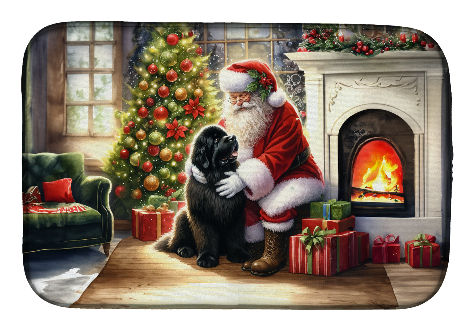 Newfoundland and Santa Claus Dish Drying Mat Absorbent Dish Drying Mat Pad for Kitchen Counter Dish Drainer Mat for Countertop, 14 x 21", Multicolor