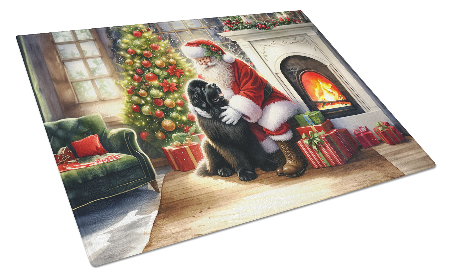 Newfoundland and Santa Claus Cutting Board Tempered Glass Kitchen Cutting Surface, Heat Resistant Chopping, Non-Slip Feet, Food Prep & Serving