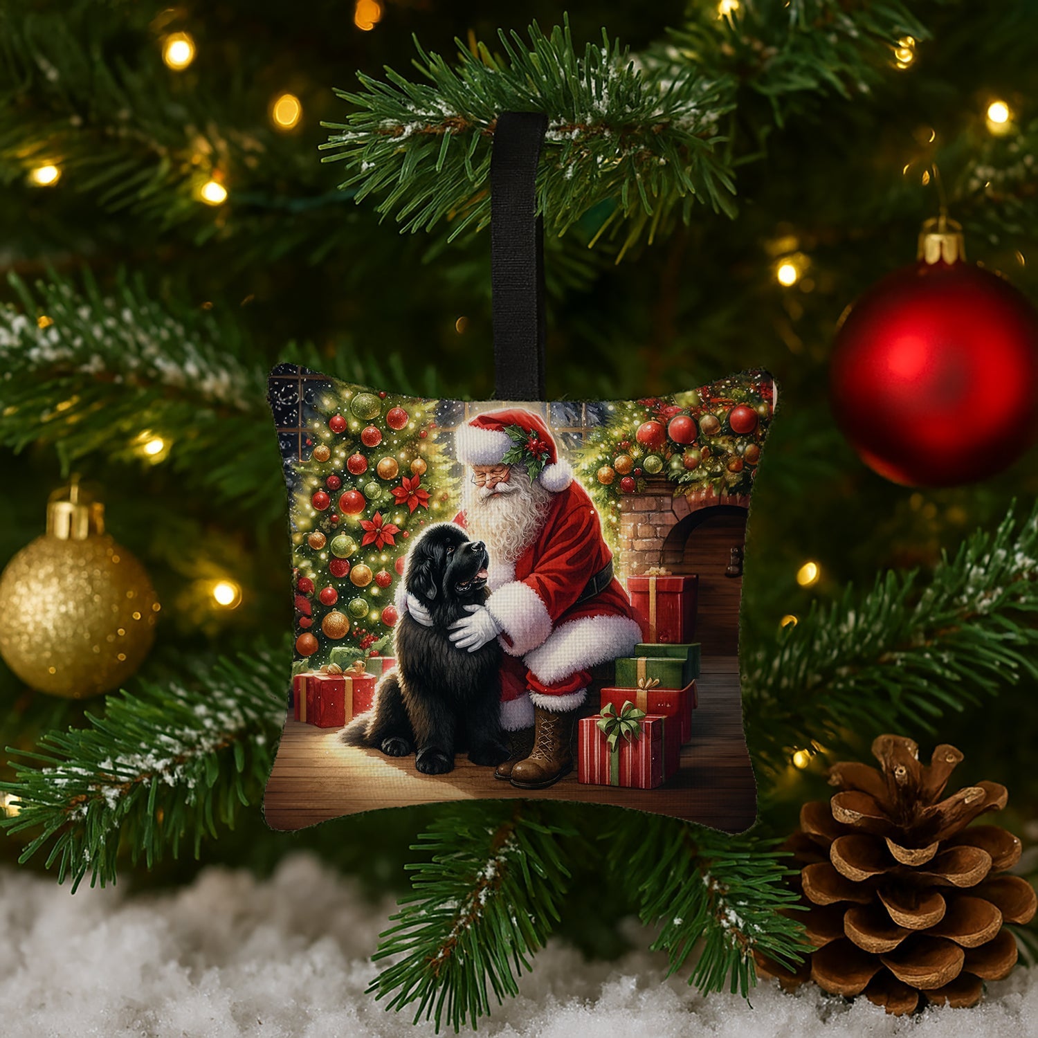 Newfoundland and Santa Claus Hanging Square Fabric Ornament 3.5 × 3.5 Decorative Door-Knob & Tree Hanger, Soft Fabric