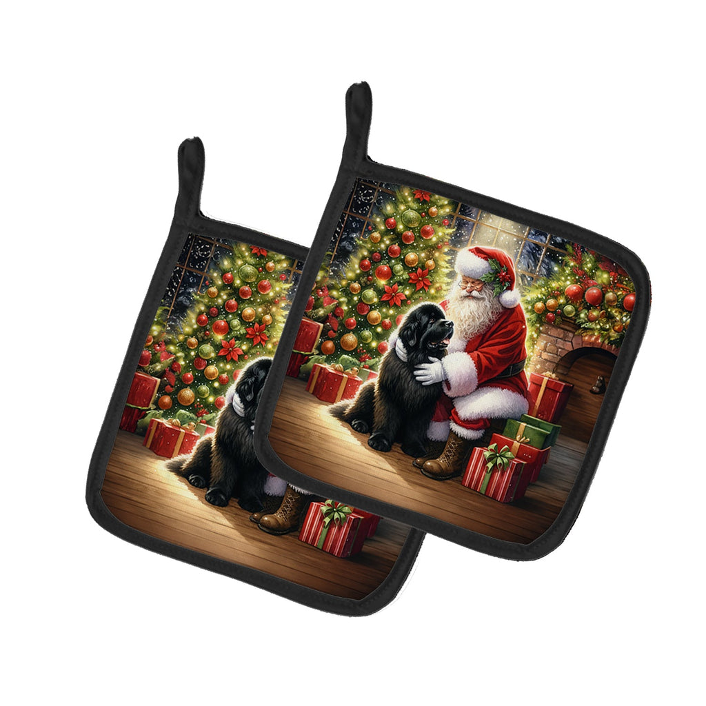 Newfoundland and Santa Claus Pot Holder Set of 2 Heat Resistant Quilted Hot Pads 7.5 x 7.5 Inch, Insulated Kitchen Trivets for Cooking & Baking