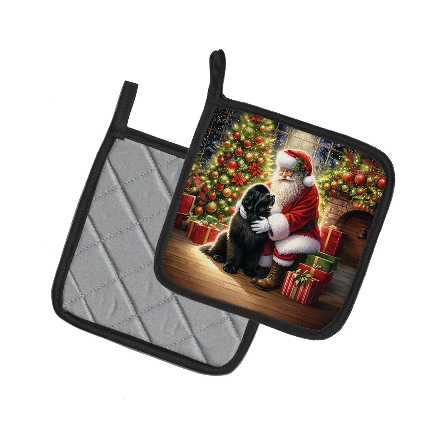 Newfoundland and Santa Claus Pot Holder Set of 2 Heat Resistant Quilted Hot Pads 7.5 x 7.5 Inch, Insulated Kitchen Trivets for Cooking & Baking