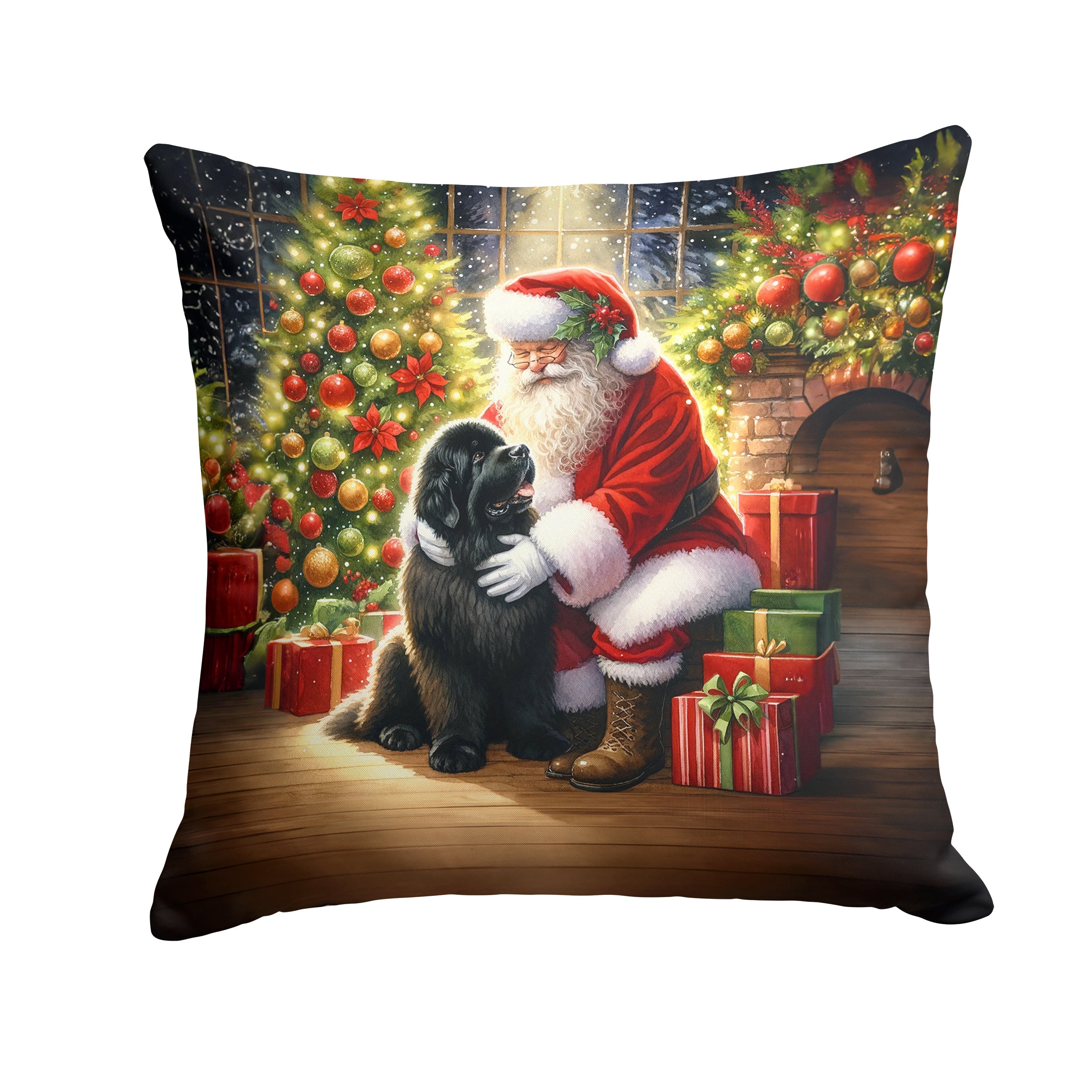 Newfoundland and Santa Claus Decorative Throw Pillow 14x14 Indoor Outdoor Accent Cushion, Fabric Cover with Insert for Sofa, Bed, Porch & Living Room