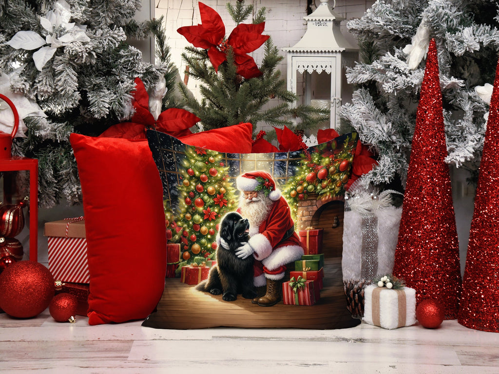 Newfoundland and Santa Claus Decorative Throw Pillow 14x14 Indoor Outdoor Accent Cushion, Fabric Cover with Insert for Sofa, Bed, Porch & Living Room