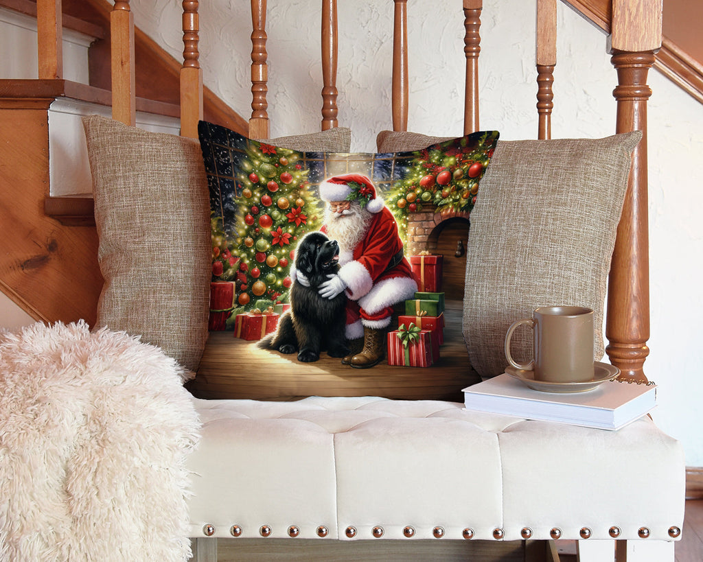 Newfoundland and Santa Claus Decorative Throw Pillow 14x14 Indoor Outdoor Accent Cushion, Fabric Cover with Insert for Sofa, Bed, Porch & Living Room