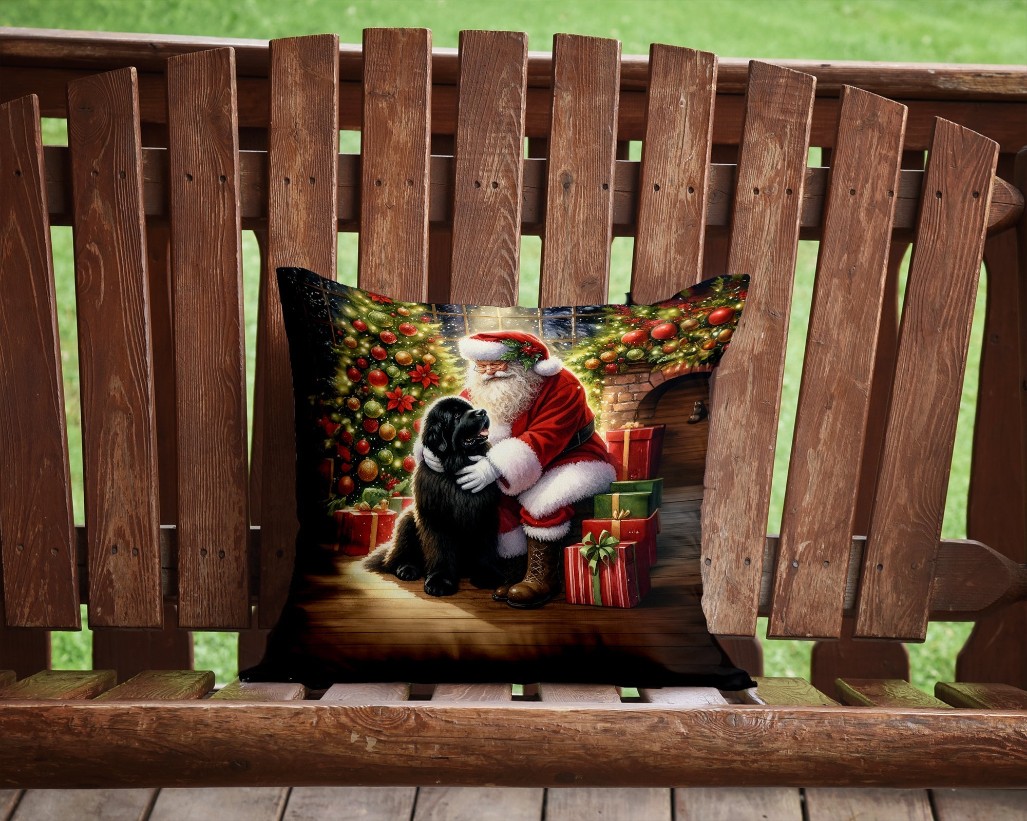 Newfoundland and Santa Claus Decorative Throw Pillow 14x14 Indoor Outdoor Accent Cushion, Fabric Cover with Insert for Sofa, Bed, Porch & Living Room