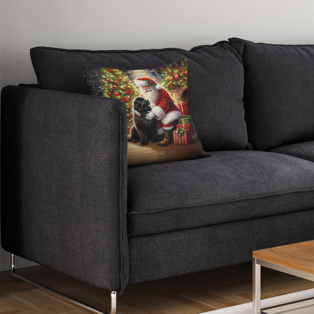 Newfoundland and Santa Claus Decorative Throw Pillow 14x14 Indoor Outdoor Accent Cushion, Fabric Cover with Insert for Sofa, Bed, Porch & Living Room