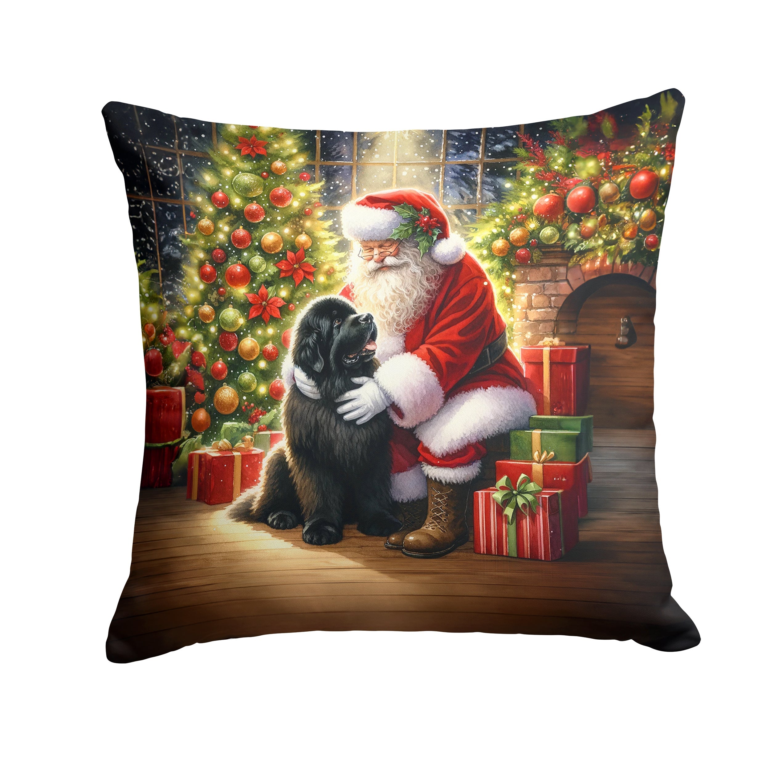 Newfoundland and Santa Claus Decorative Throw Pillow 18x18 Indoor Outdoor Accent Cushion, Fabric Cover with Insert for Sofa, Bed, Porch & Living Room