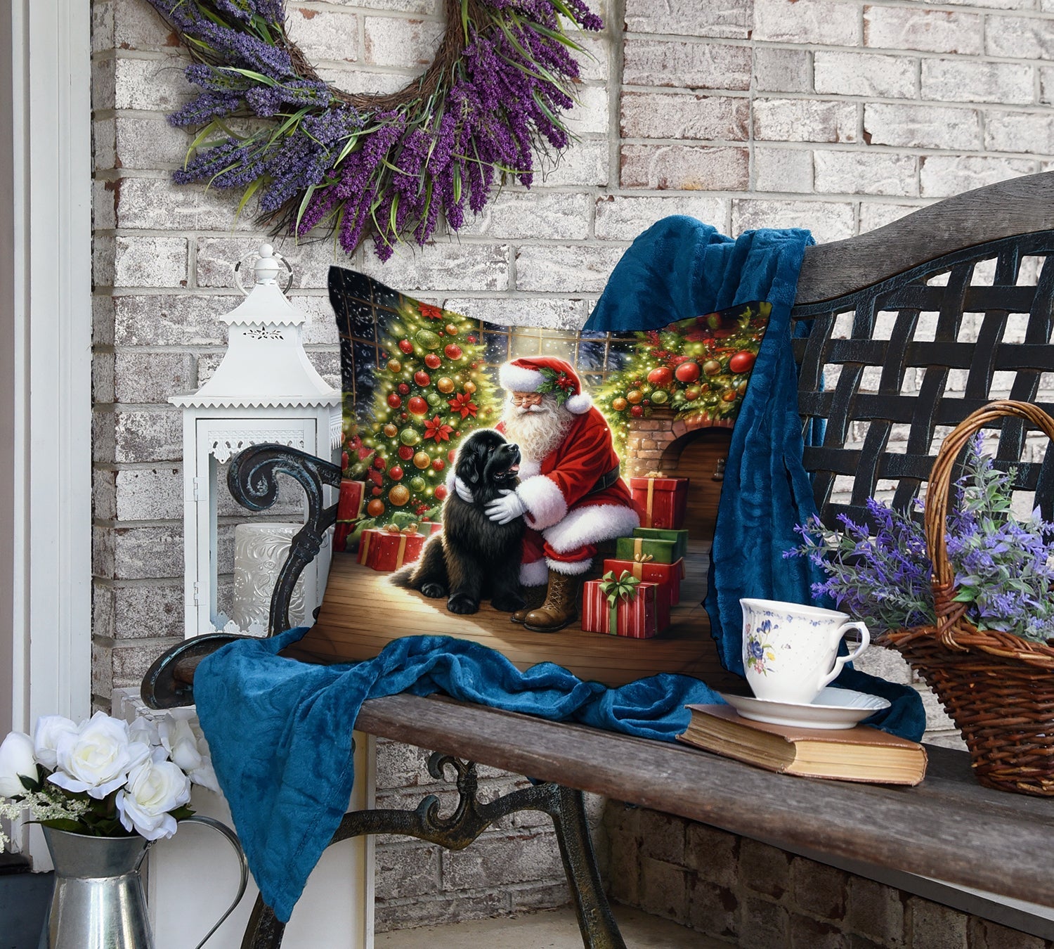Newfoundland and Santa Claus Decorative Throw Pillow 18x18 Indoor Outdoor Accent Cushion, Fabric Cover with Insert for Sofa, Bed, Porch & Living Room