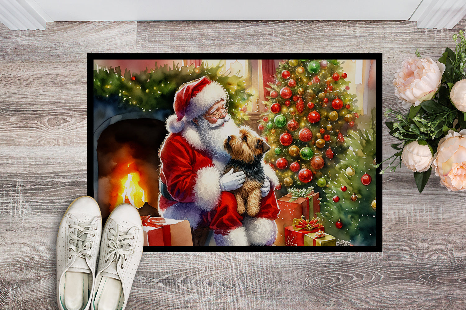 Norfolk Terrier and Santa Claus Doormat Indoor Outdoor 18H X 27W Front Door Mat Rugs for Entryway, Non Slip Washable