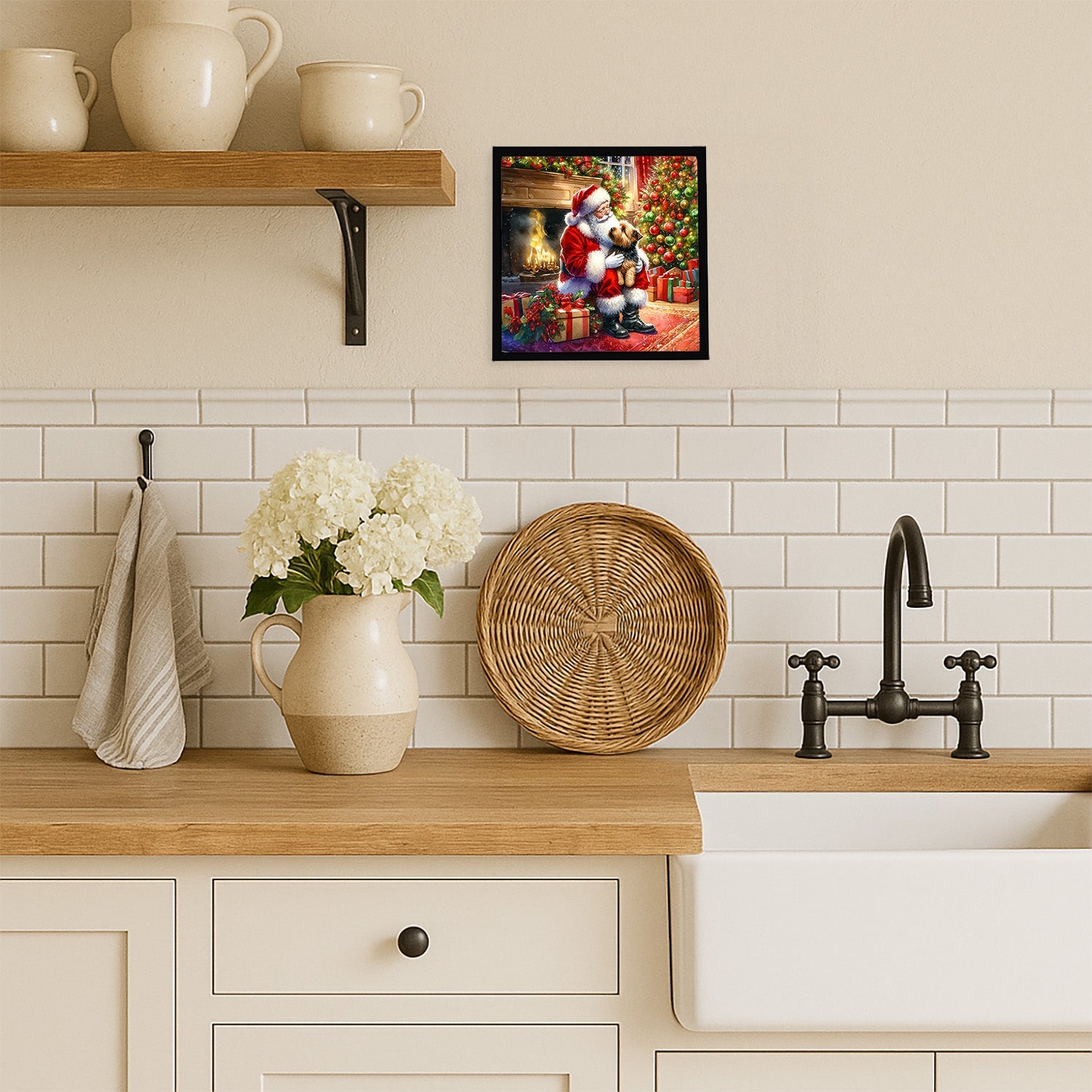 Norfolk Terrier and Santa Claus Framed Metal Print Bathroom, Kitchen, Office, Home Decor Wall Art Ready to Hang, Square, 8X8